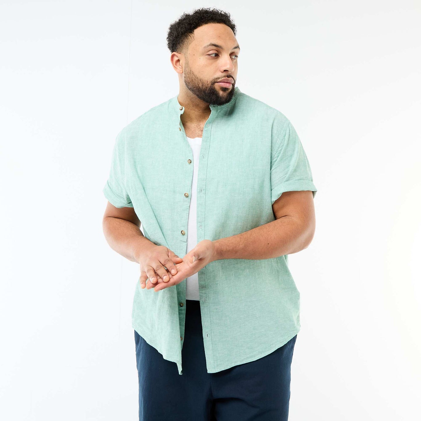 Short-Sleeved Linen Blend Shirt GREEN