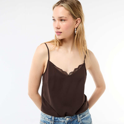 Tank top with thin adjustable straps and lace collar BROWN