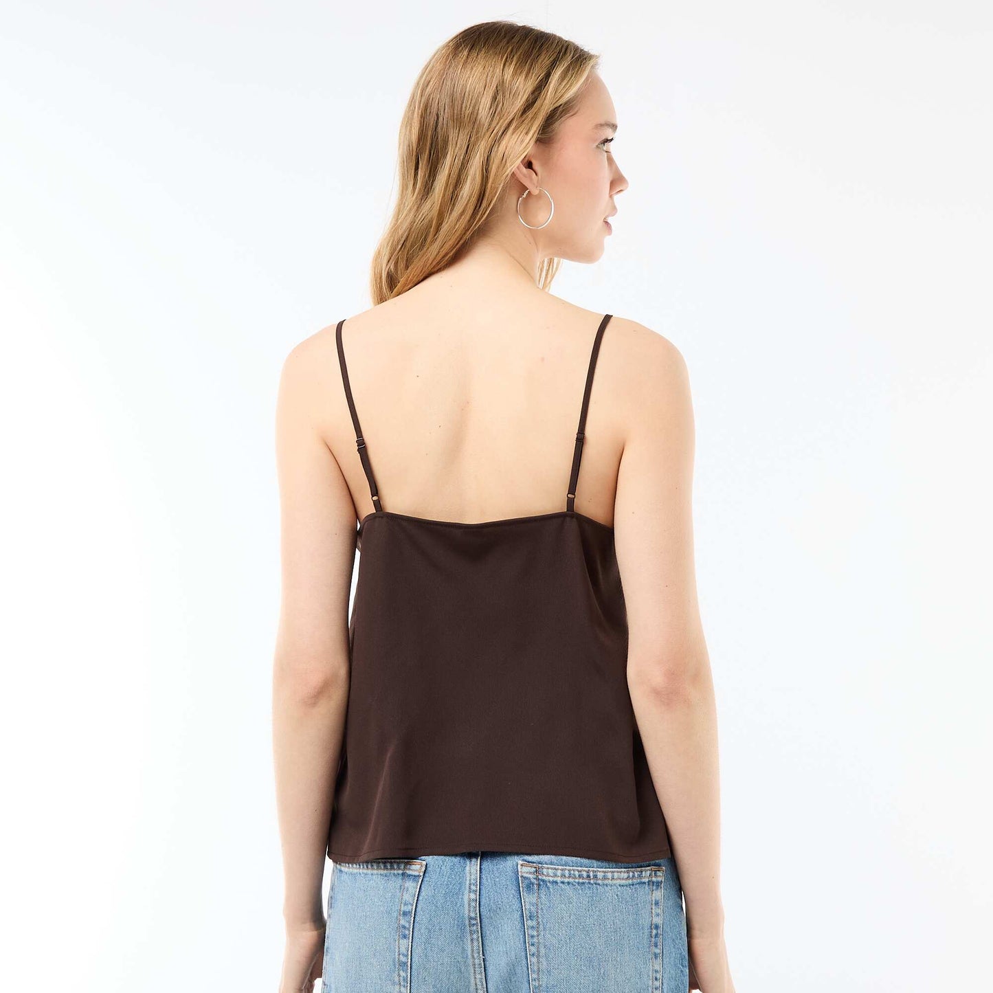 Tank top with thin adjustable straps and lace collar BROWN