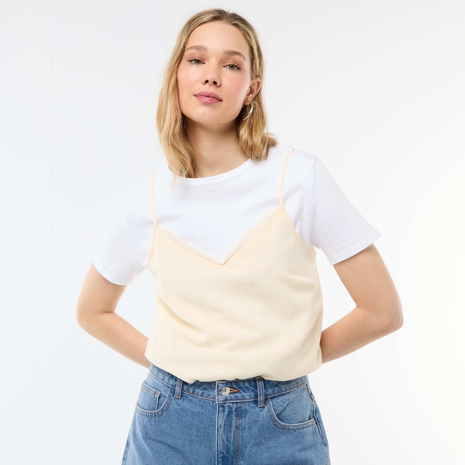 Tank top with thin adjustable straps and lace collar BEIGE