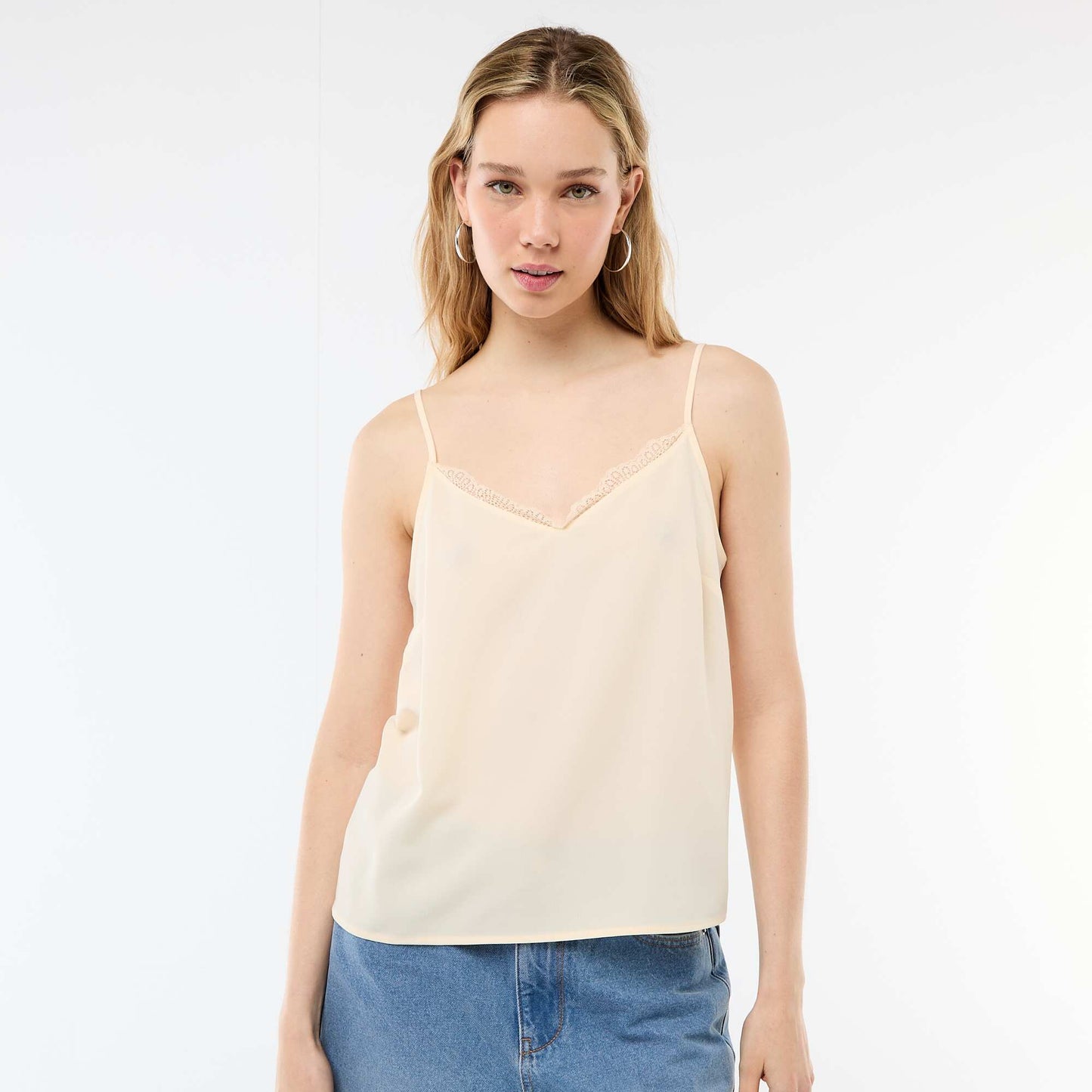 Tank top with thin adjustable straps and lace collar BEIGE