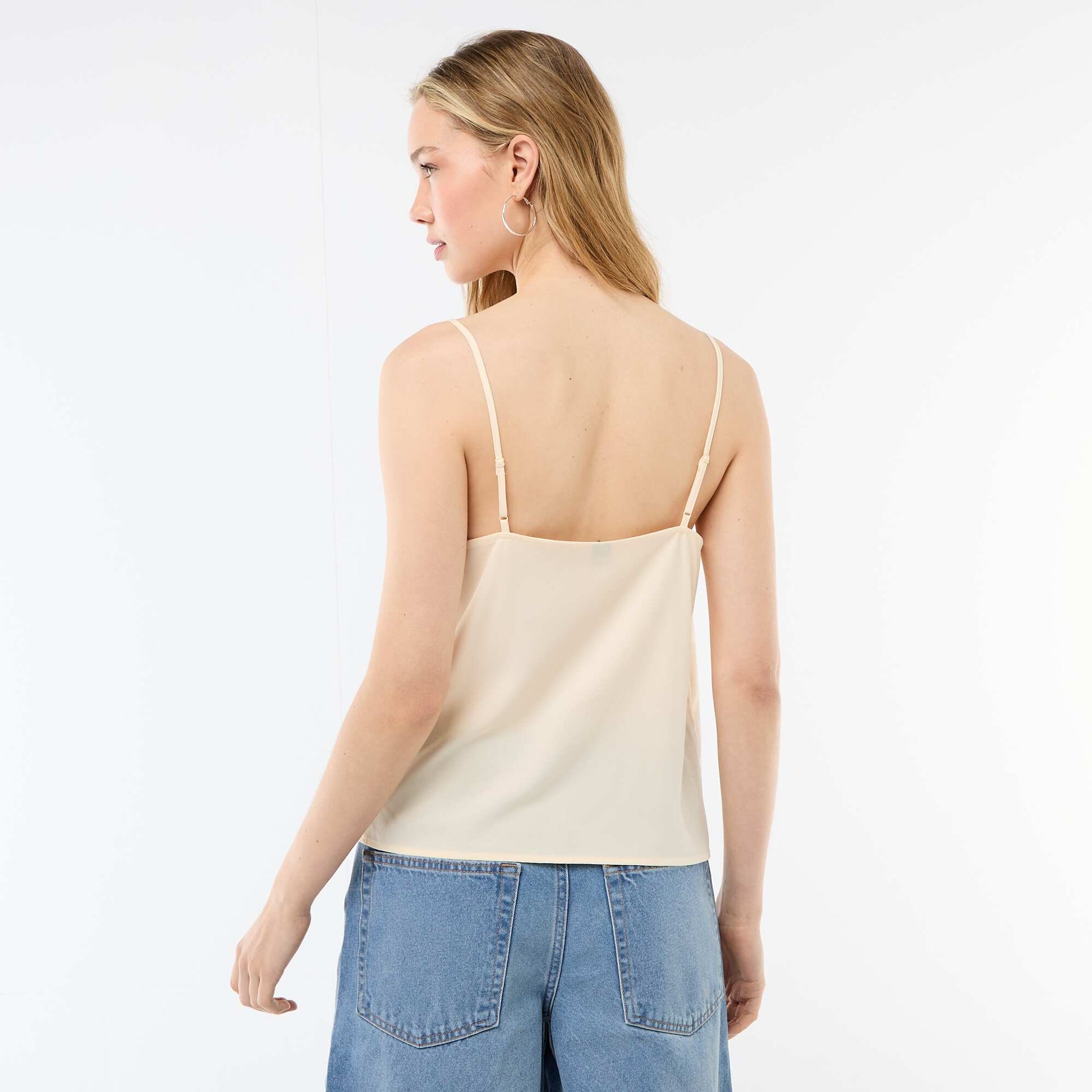 Tank top with thin adjustable straps and lace collar BEIGE