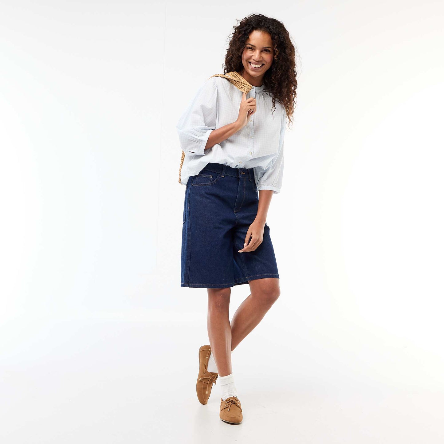 Mandarin Collar 3/4 Sleeve Shirt BLUE