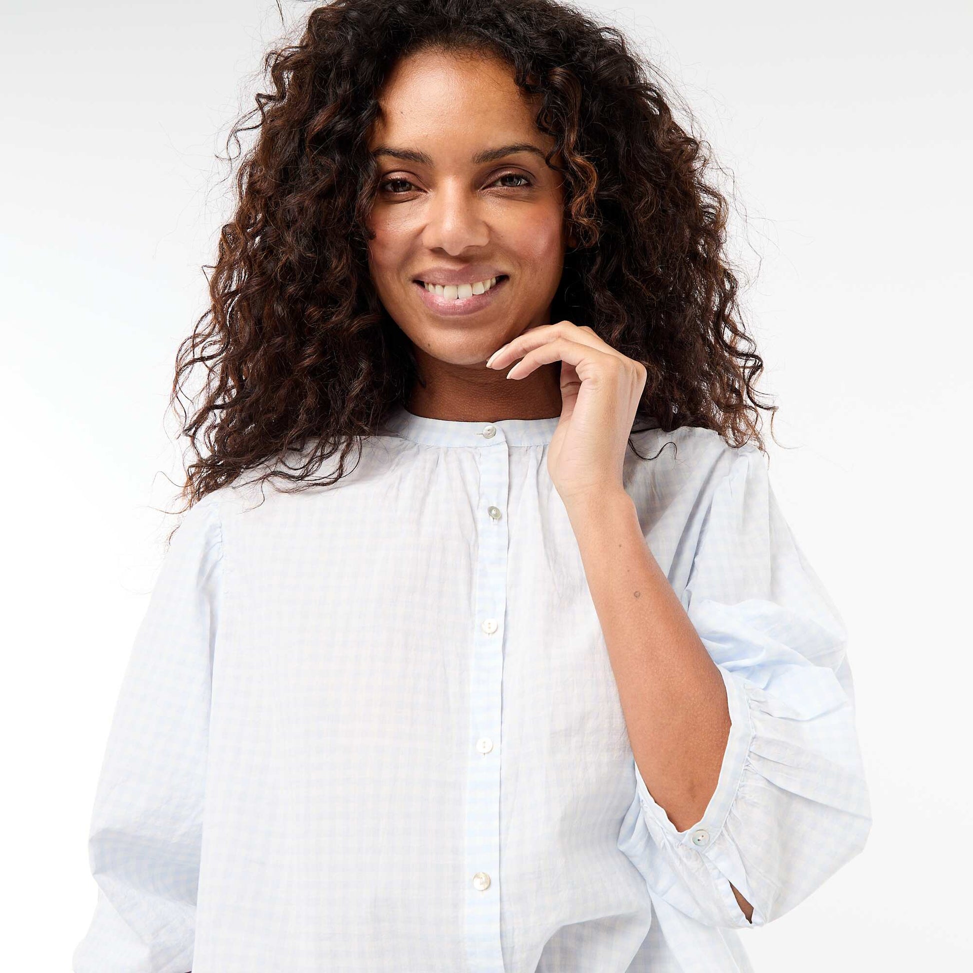 Mandarin Collar 3/4 Sleeve Shirt BLUE