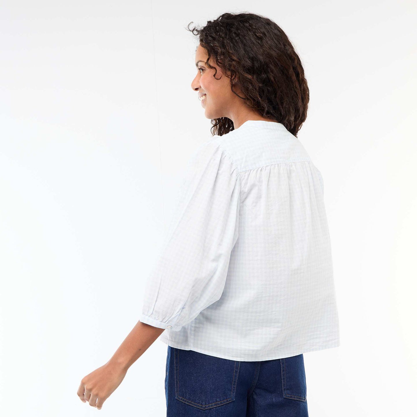 Mandarin Collar 3/4 Sleeve Shirt BLUE