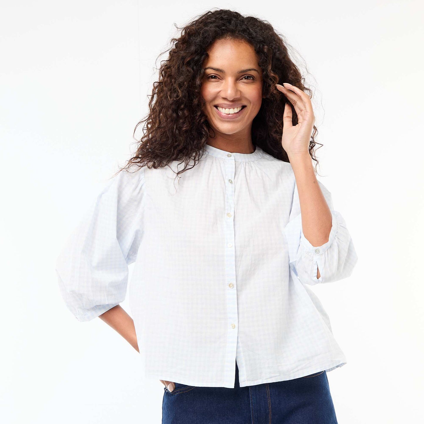 Mandarin Collar 3/4 Sleeve Shirt BLUE