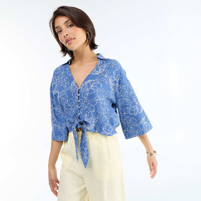 Oversized Cropped Tie-Front Shirt BLUE