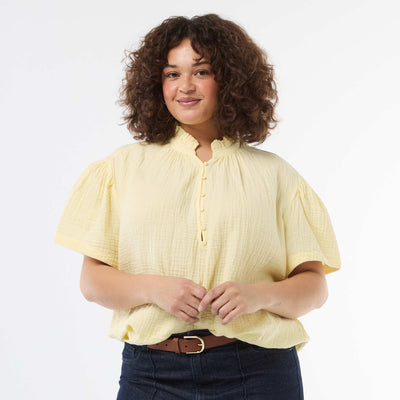 Cotton Gauze Blouse with Ruched Collar YELLOW