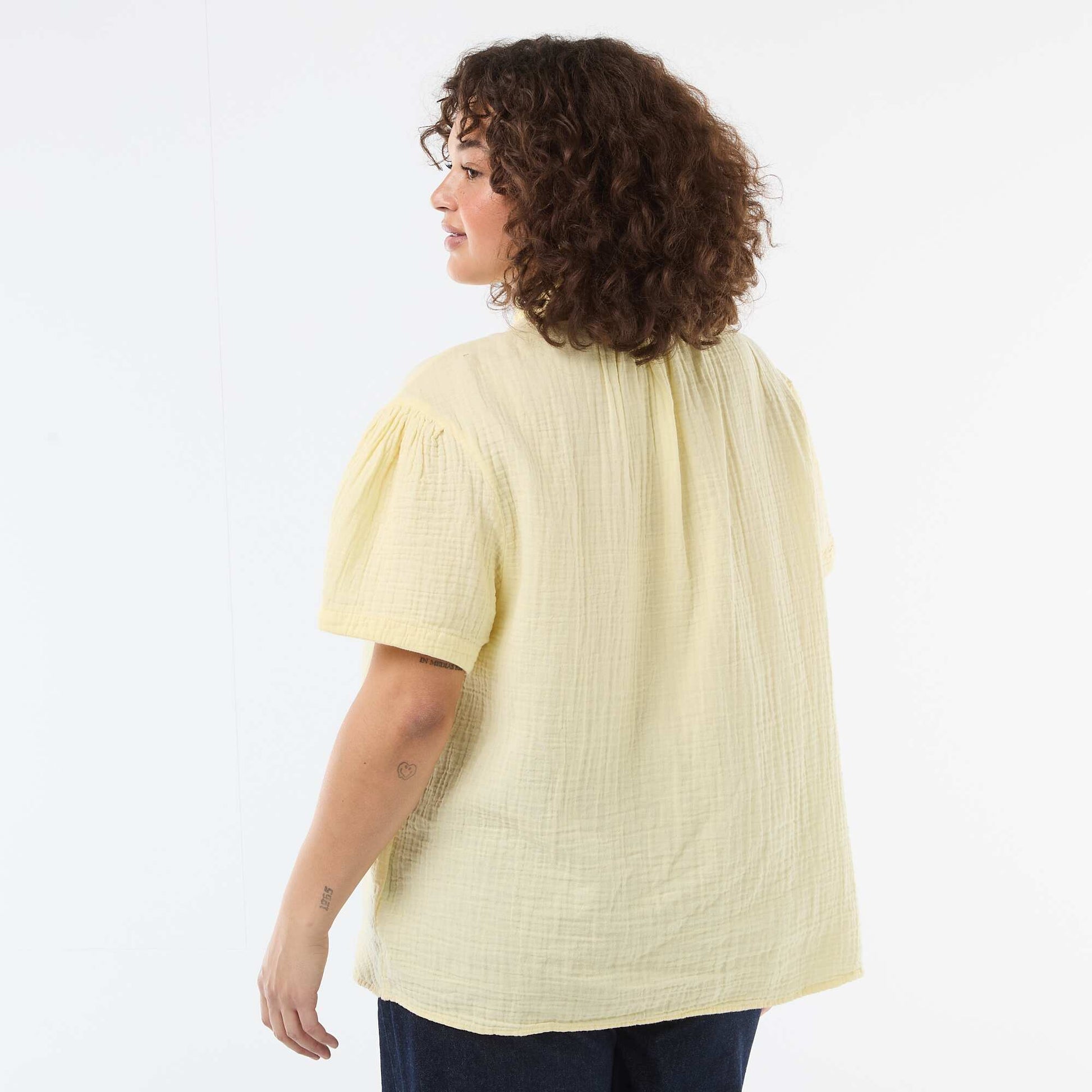 Cotton Gauze Blouse with Ruched Collar YELLOW