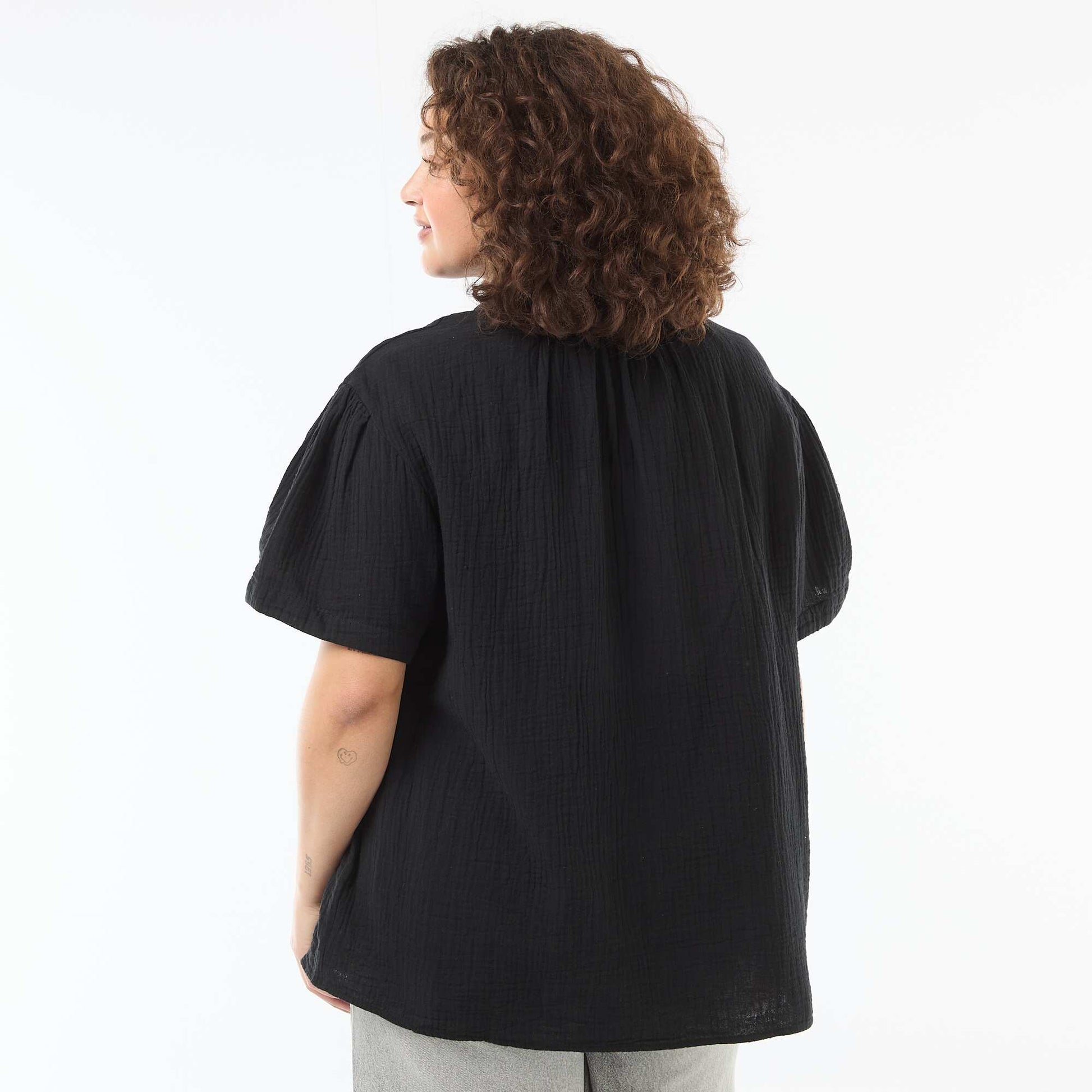 Cotton Gauze Blouse with Ruched Collar BLACK