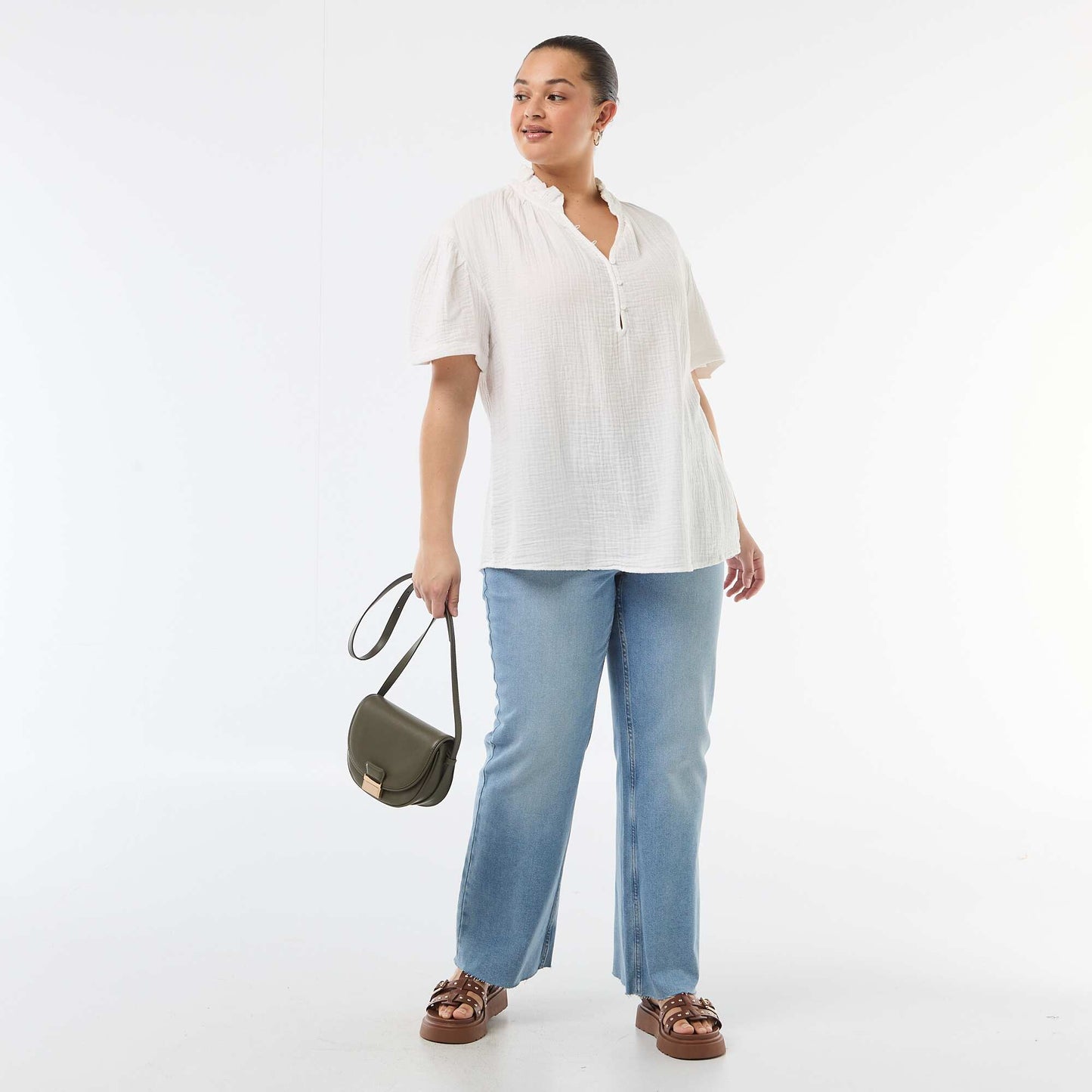 Cotton Gauze Blouse with Ruched Collar WHITE