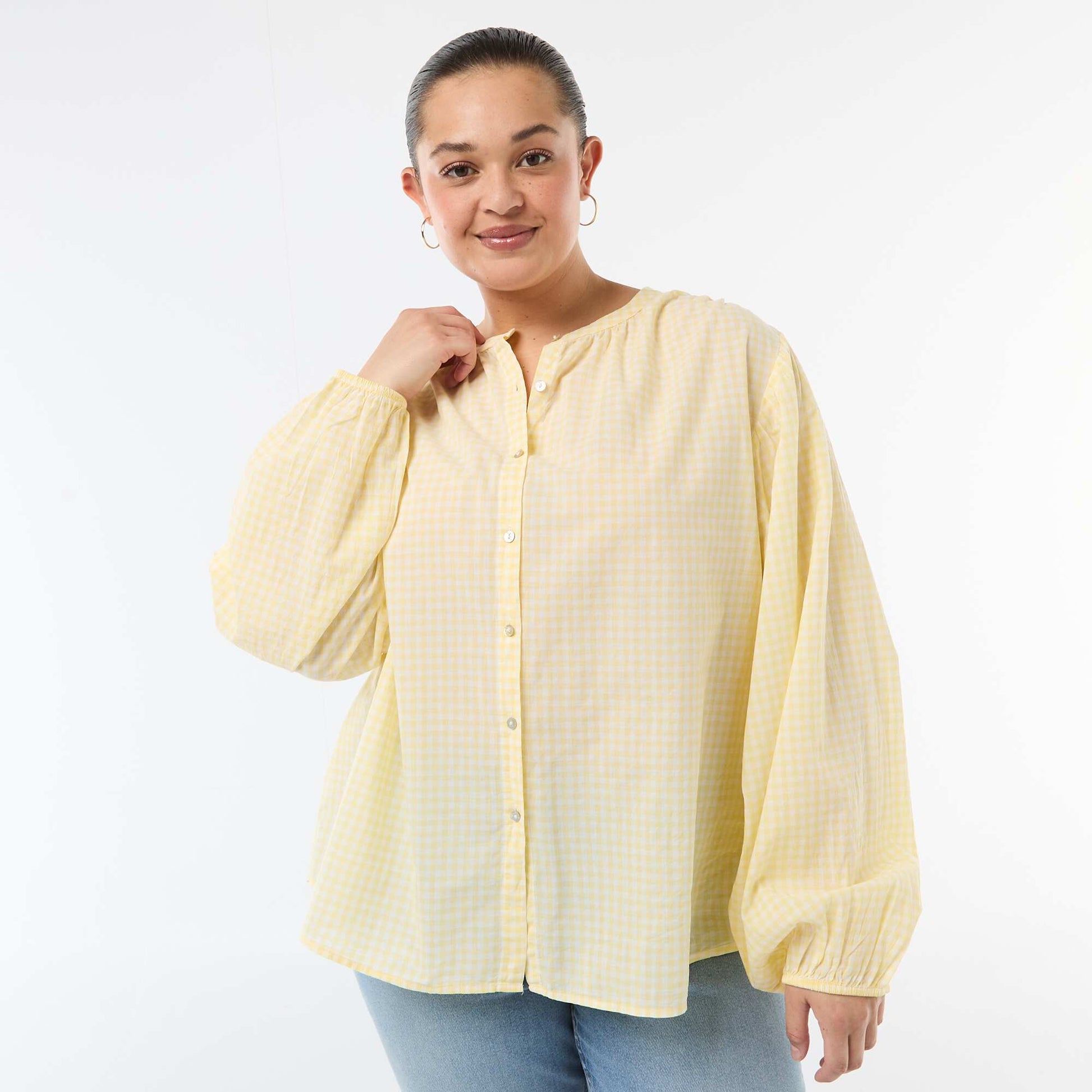 Round Neck Long Sleeve Blouse YELLOW