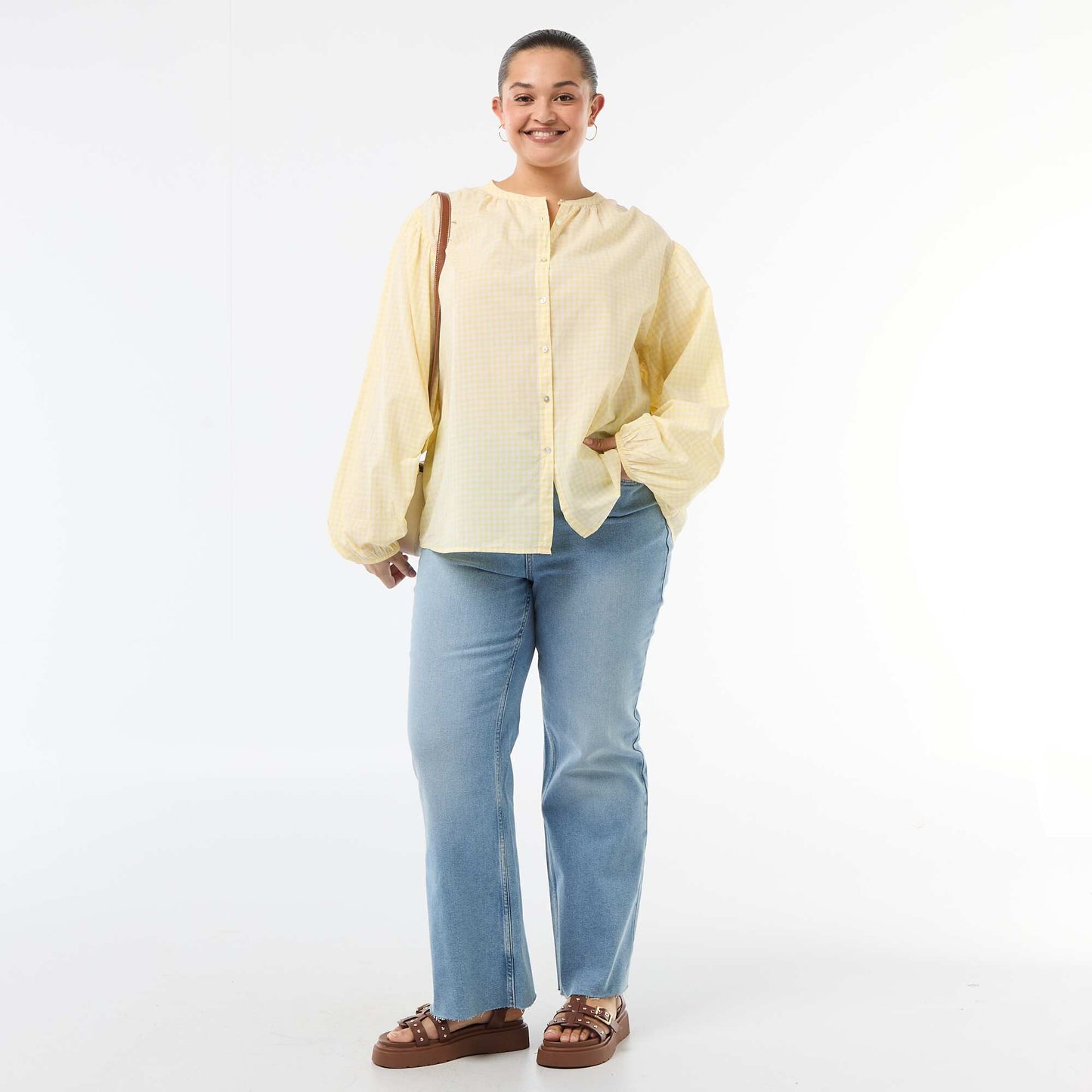 Round Neck Long Sleeve Blouse YELLOW