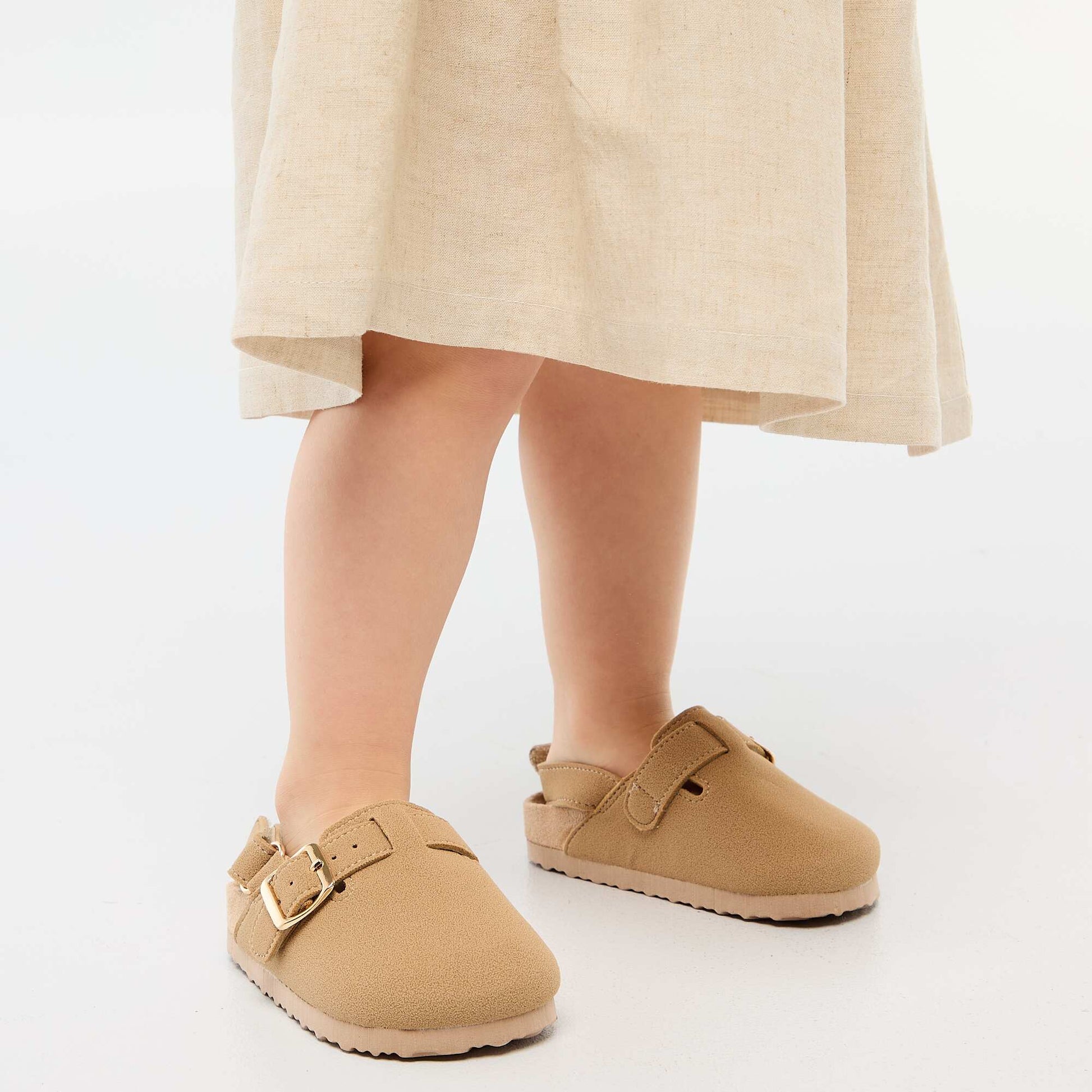 Suedette Clogs with Hook and Loop Fastener BEIGE