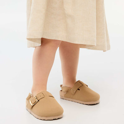 Suedette Clogs with Hook and Loop Fastener BEIGE