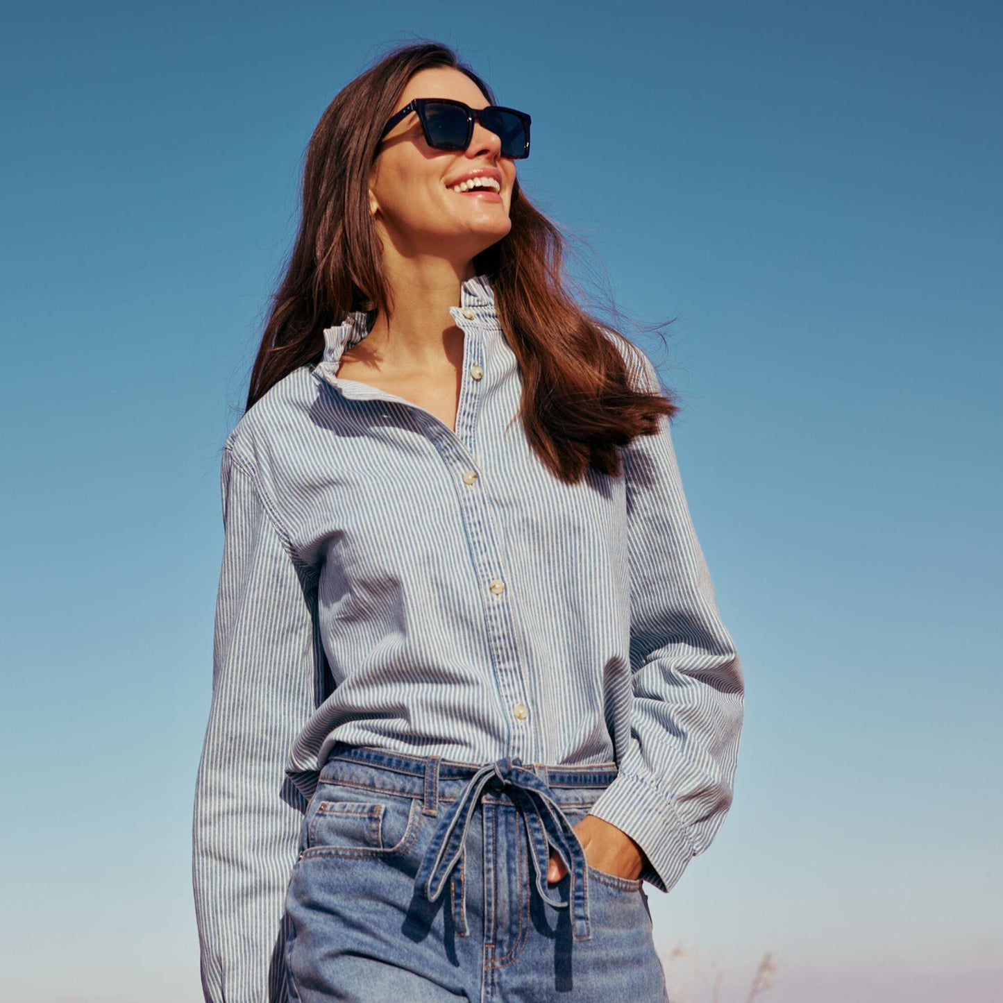 Denim Blouse with Ruffled Collar BLUE