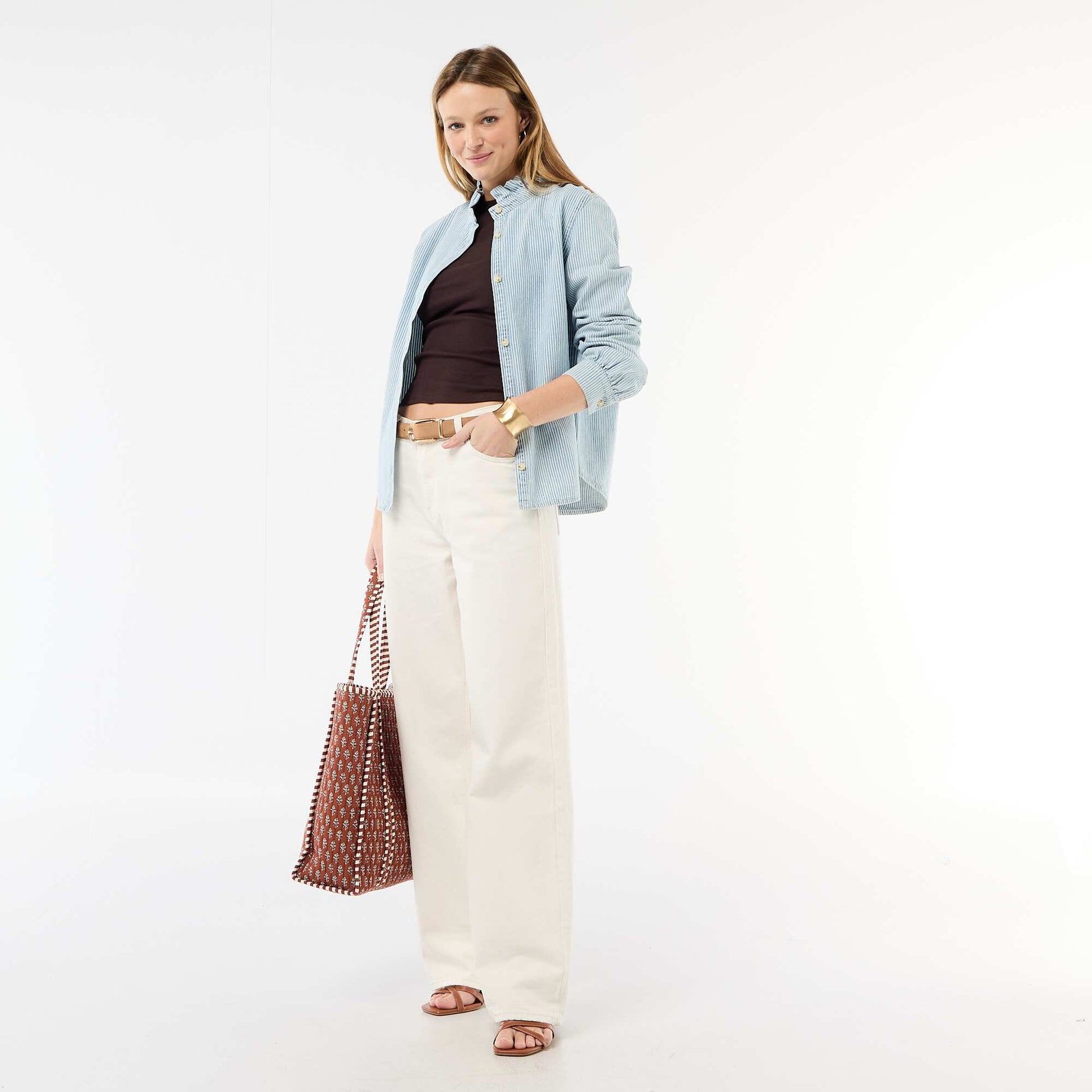 Denim Blouse with Ruffled Collar BLUE