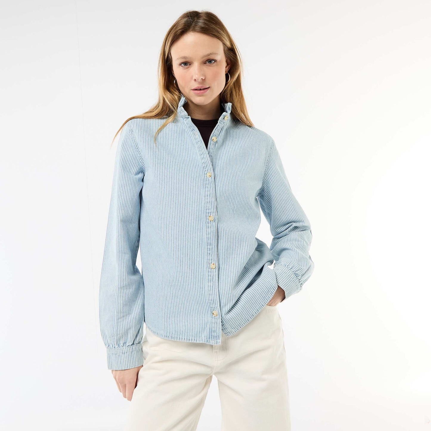 Denim Blouse with Ruffled Collar BLUE