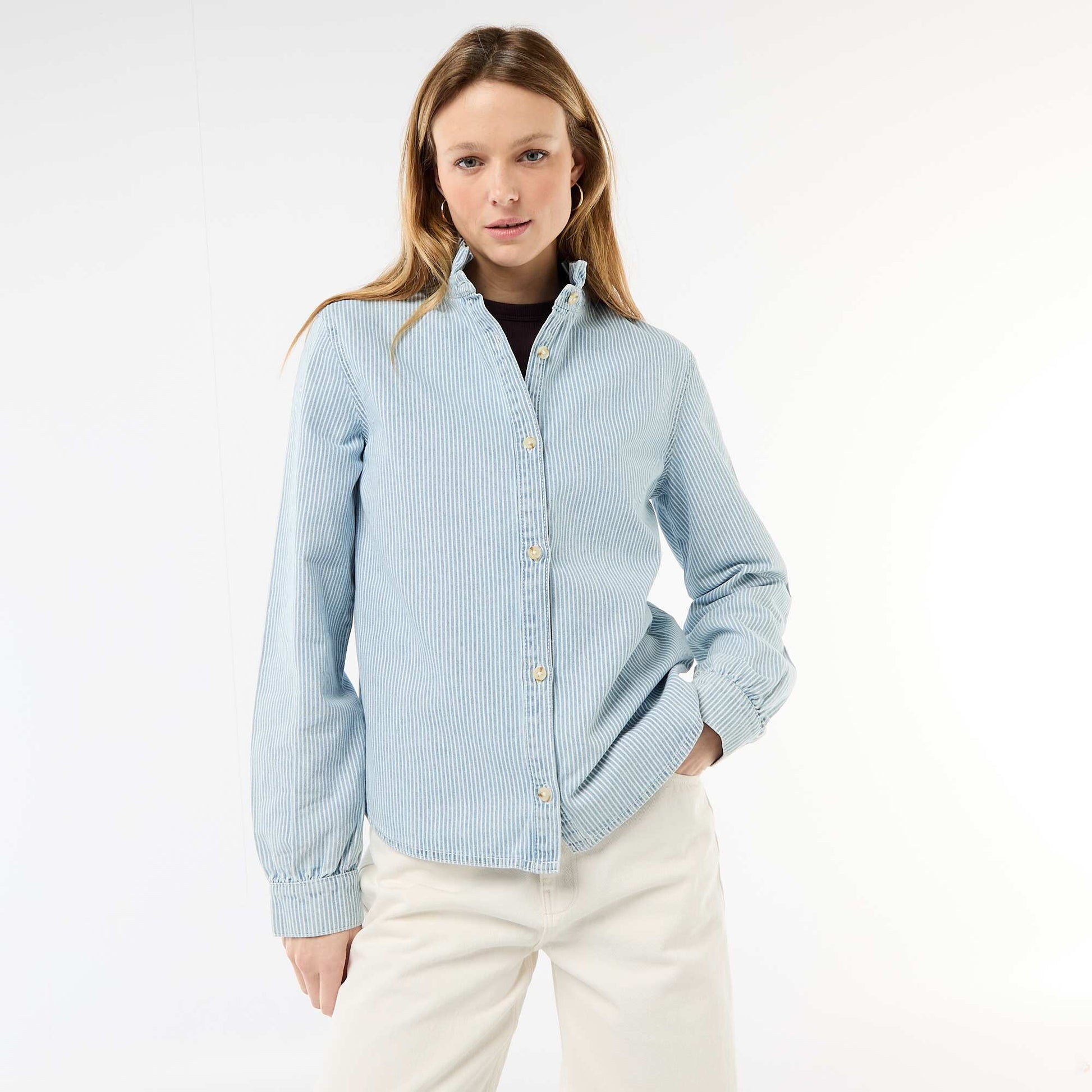 Denim Blouse with Ruffled Collar BLUE
