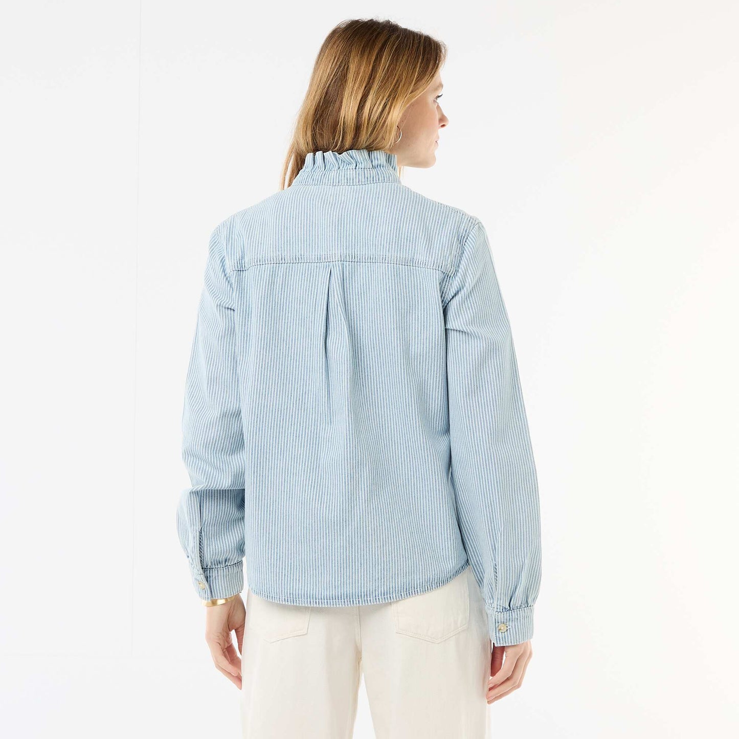 Denim Blouse with Ruffled Collar BLUE