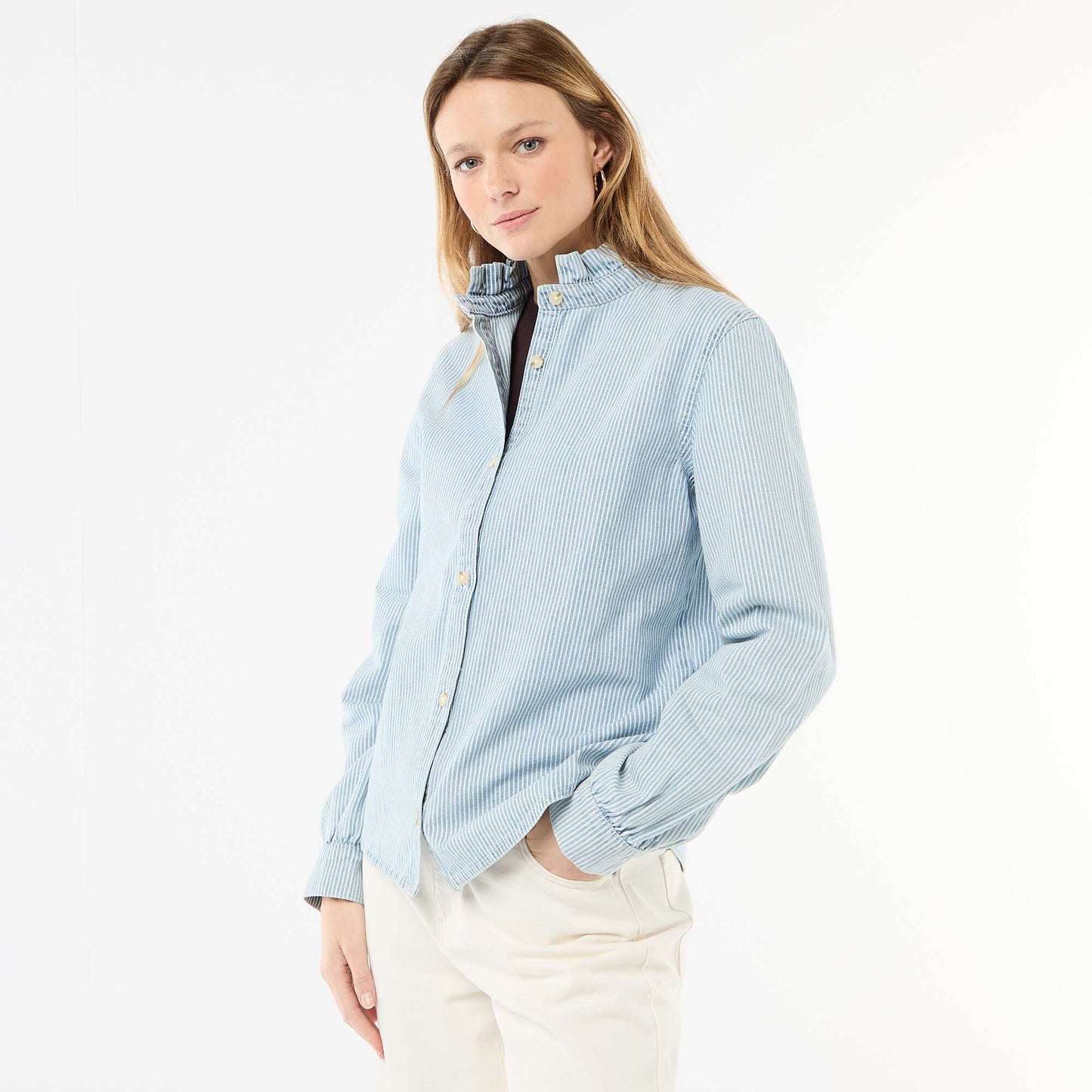 Denim Blouse with Ruffled Collar BLUE