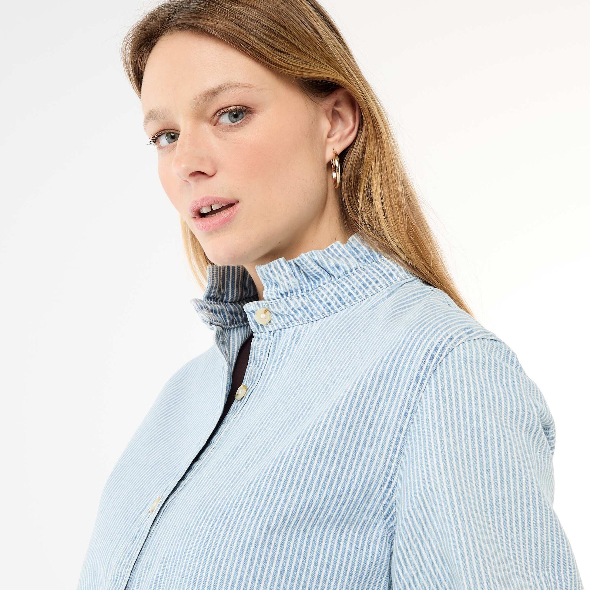 Denim Blouse with Ruffled Collar BLUE