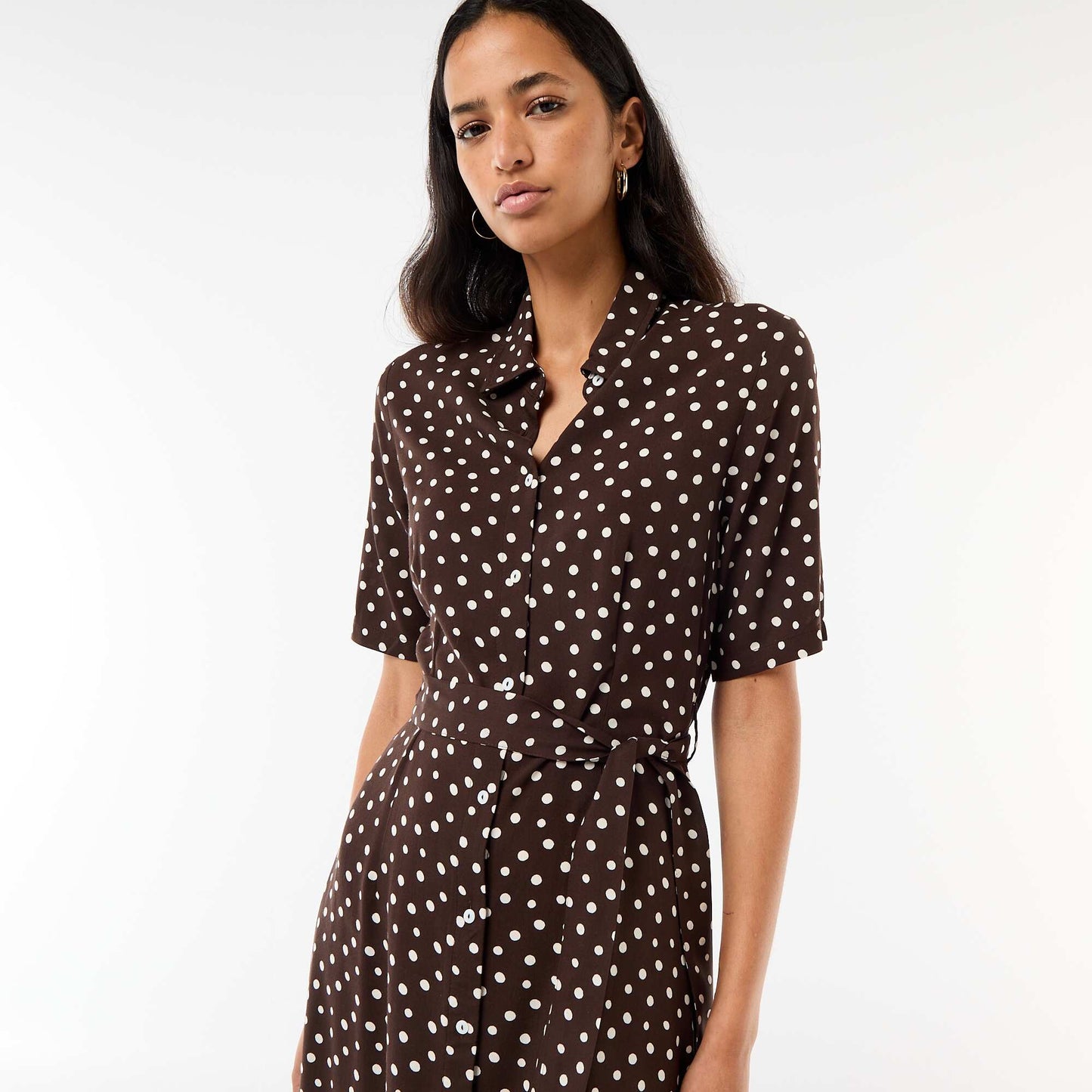 Long Shirt Dress with Tie Belt BROWN
