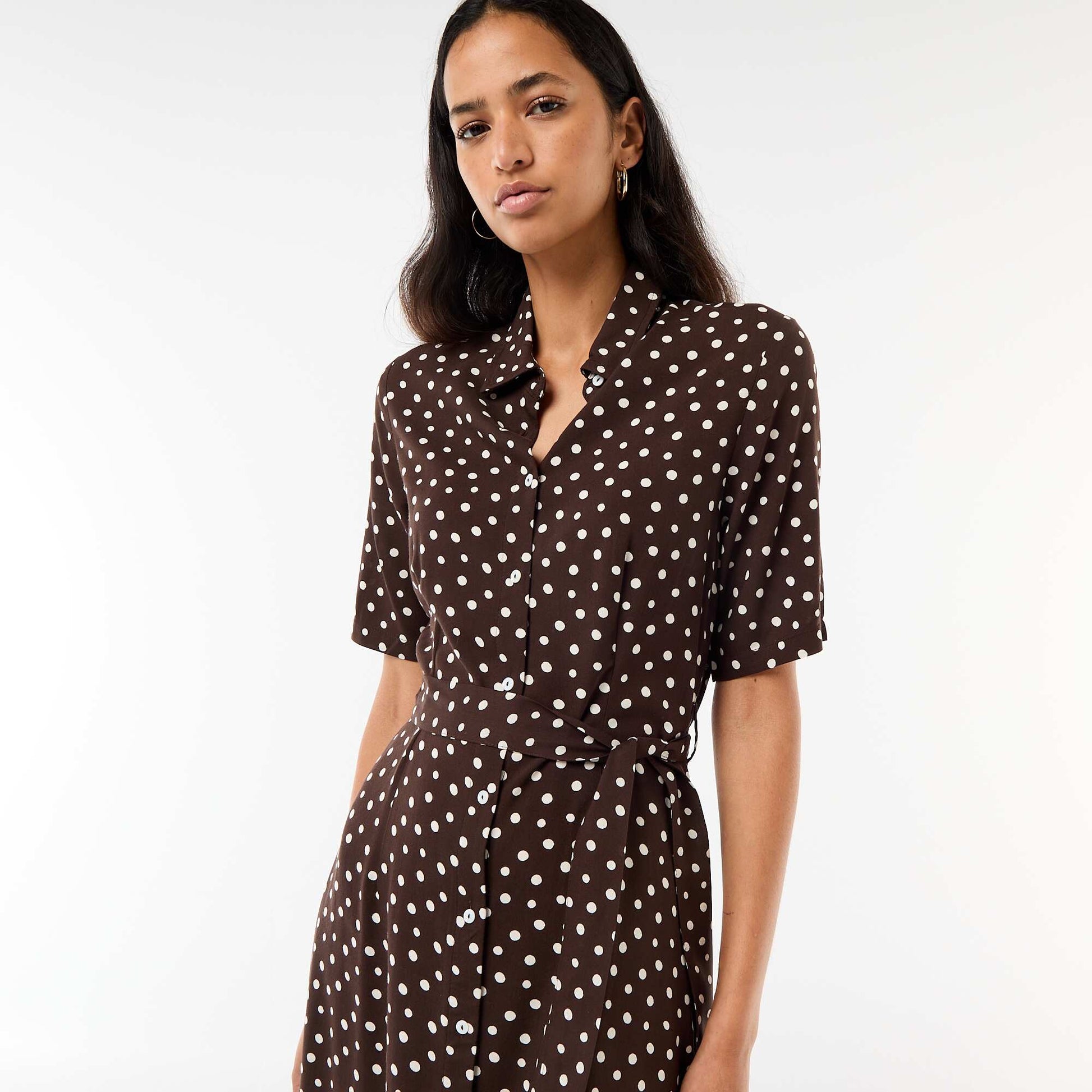 Long Shirt Dress with Tie Belt BROWN