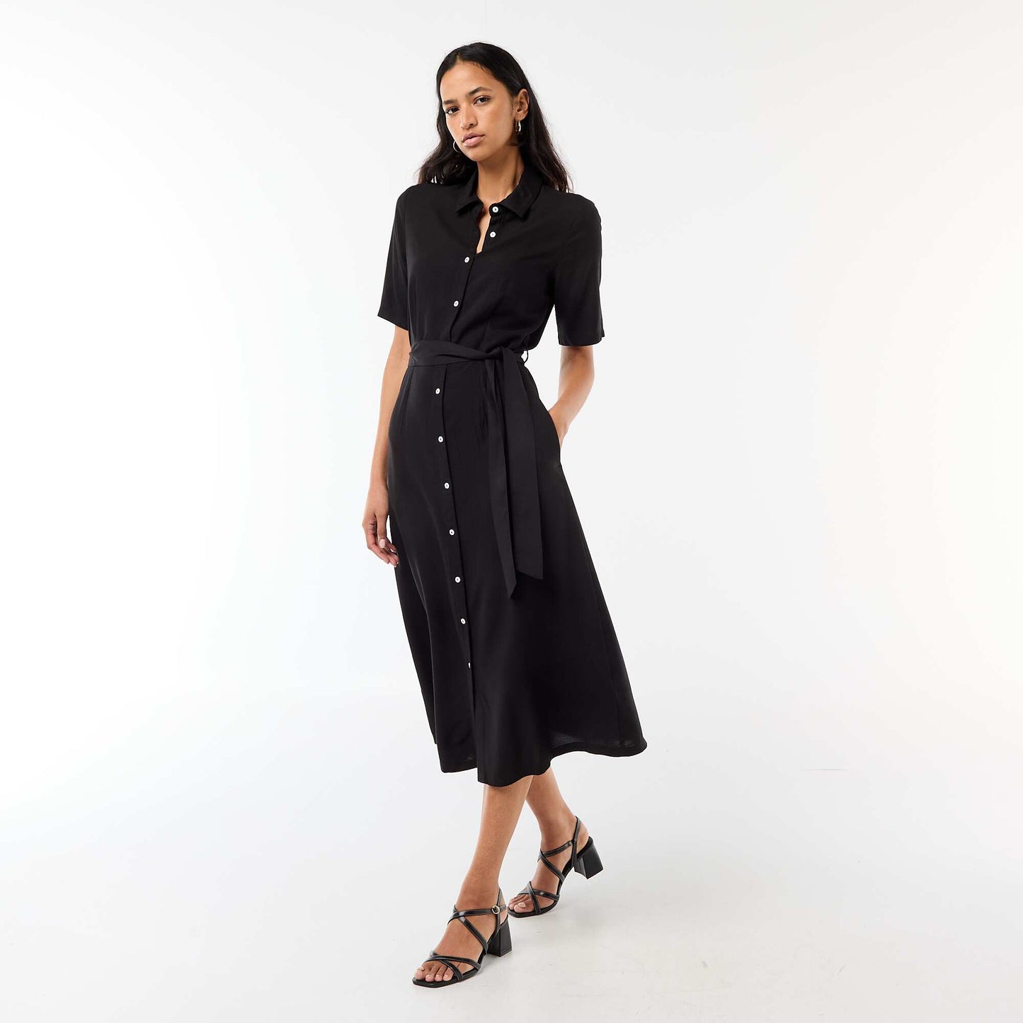 Long Shirt Dress with Tie Belt BLACK