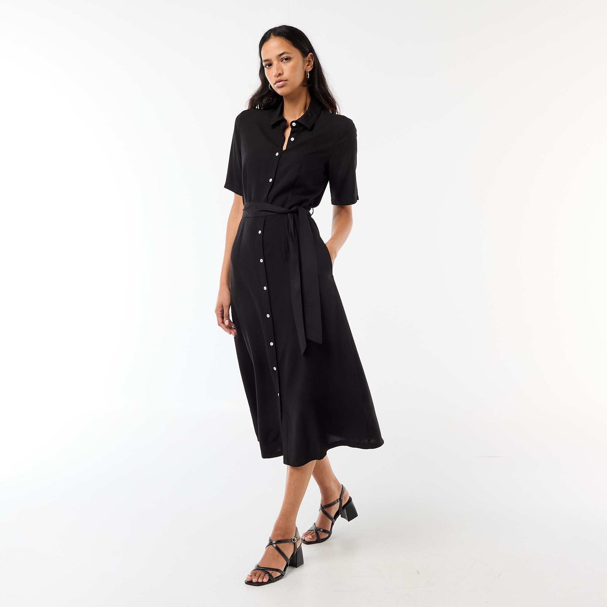 Long Shirt Dress with Tie Belt BLACK