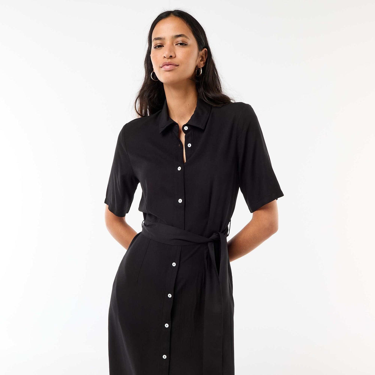 Long Shirt Dress with Tie Belt BLACK