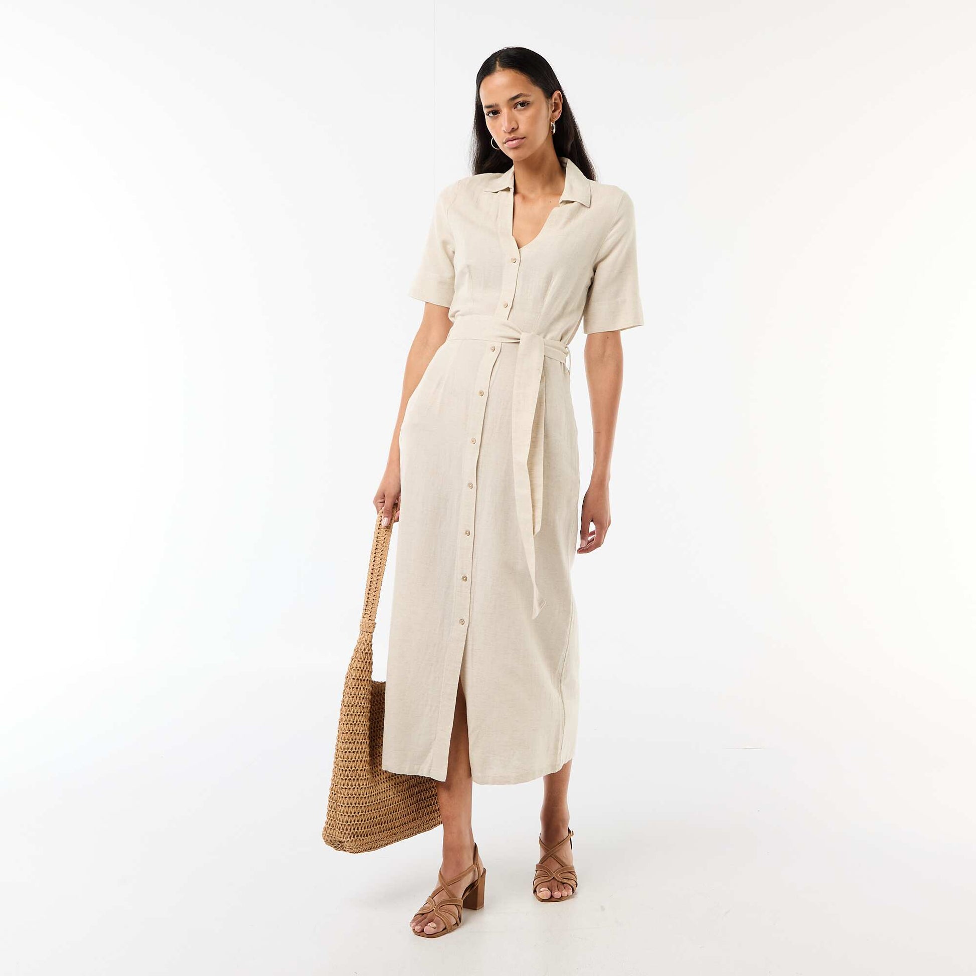 Cotton and Linen Short-Sleeve Long Shirt Dress BEIGE