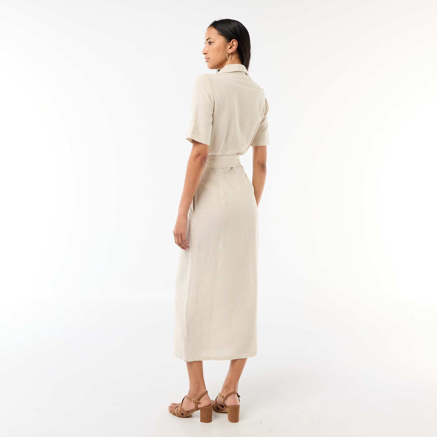 Cotton and Linen Short-Sleeve Long Shirt Dress BEIGE
