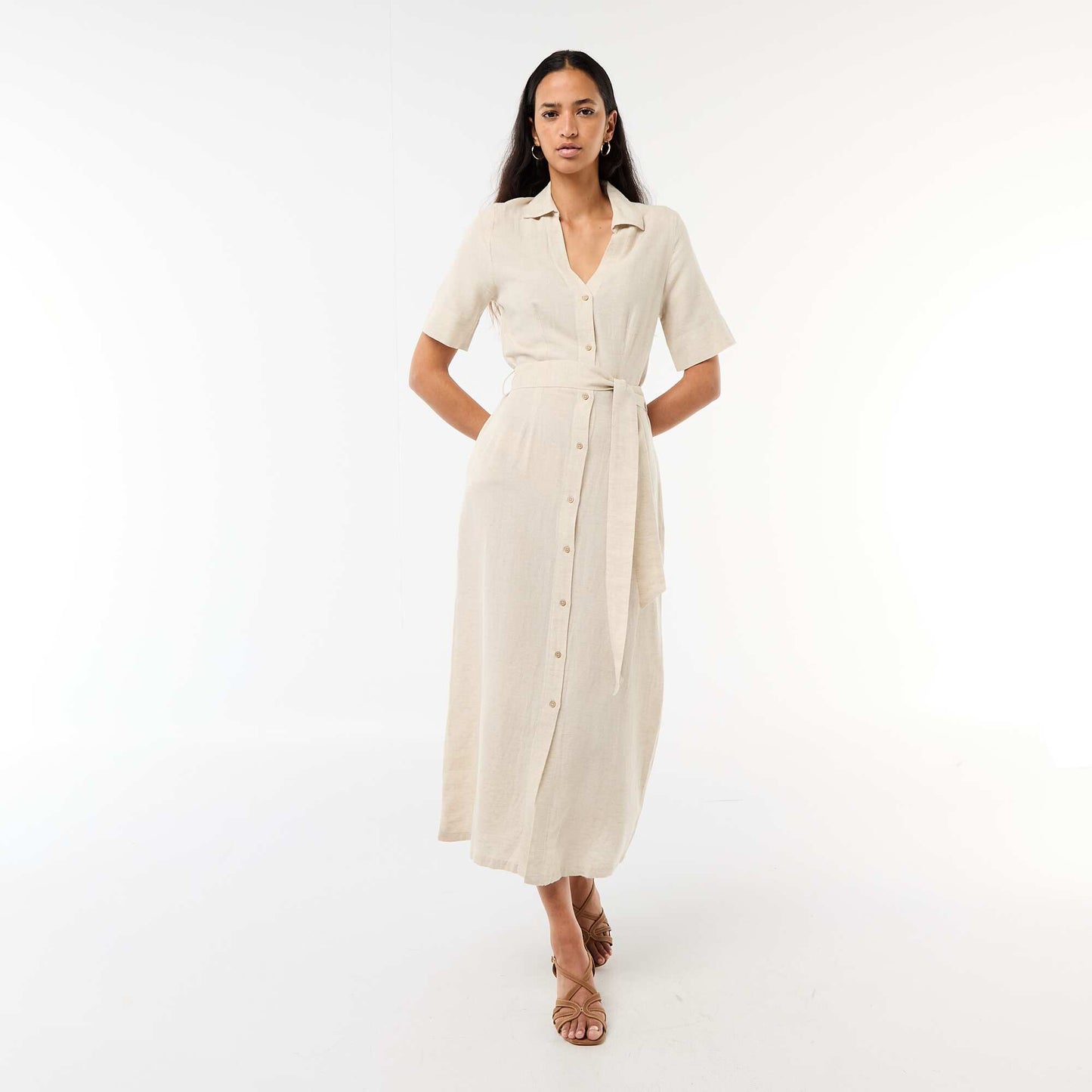 Cotton and Linen Short-Sleeve Long Shirt Dress BEIGE