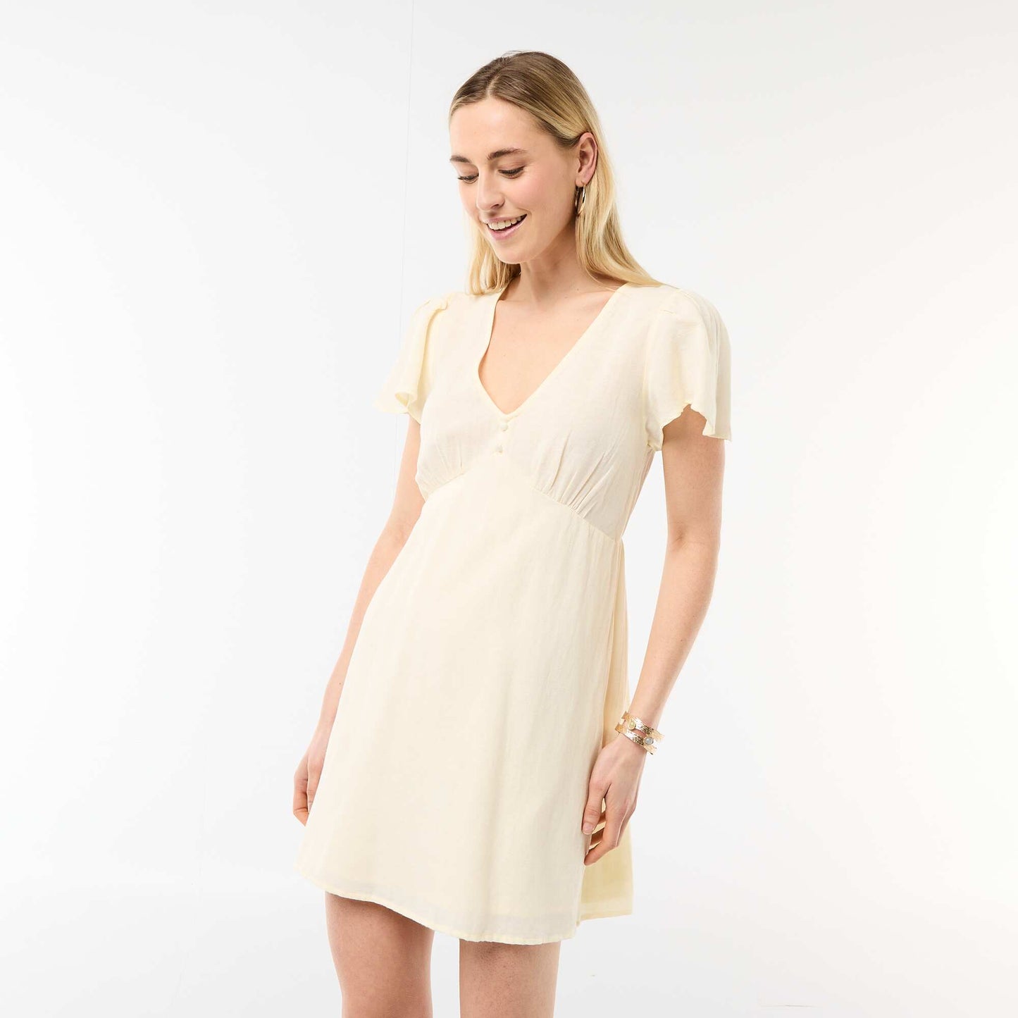 Cotton and Linen Butterfly Sleeve Short Dress YELLOW