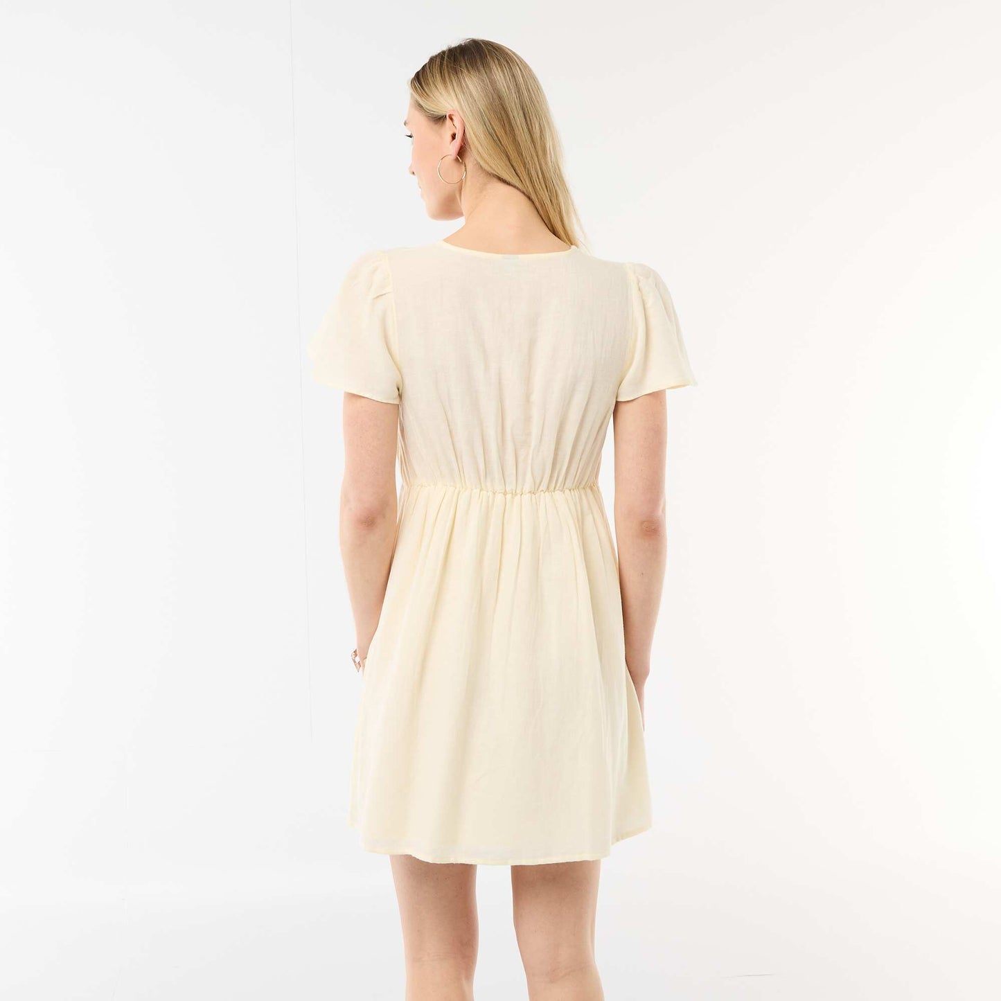 Cotton and Linen Butterfly Sleeve Short Dress YELLOW