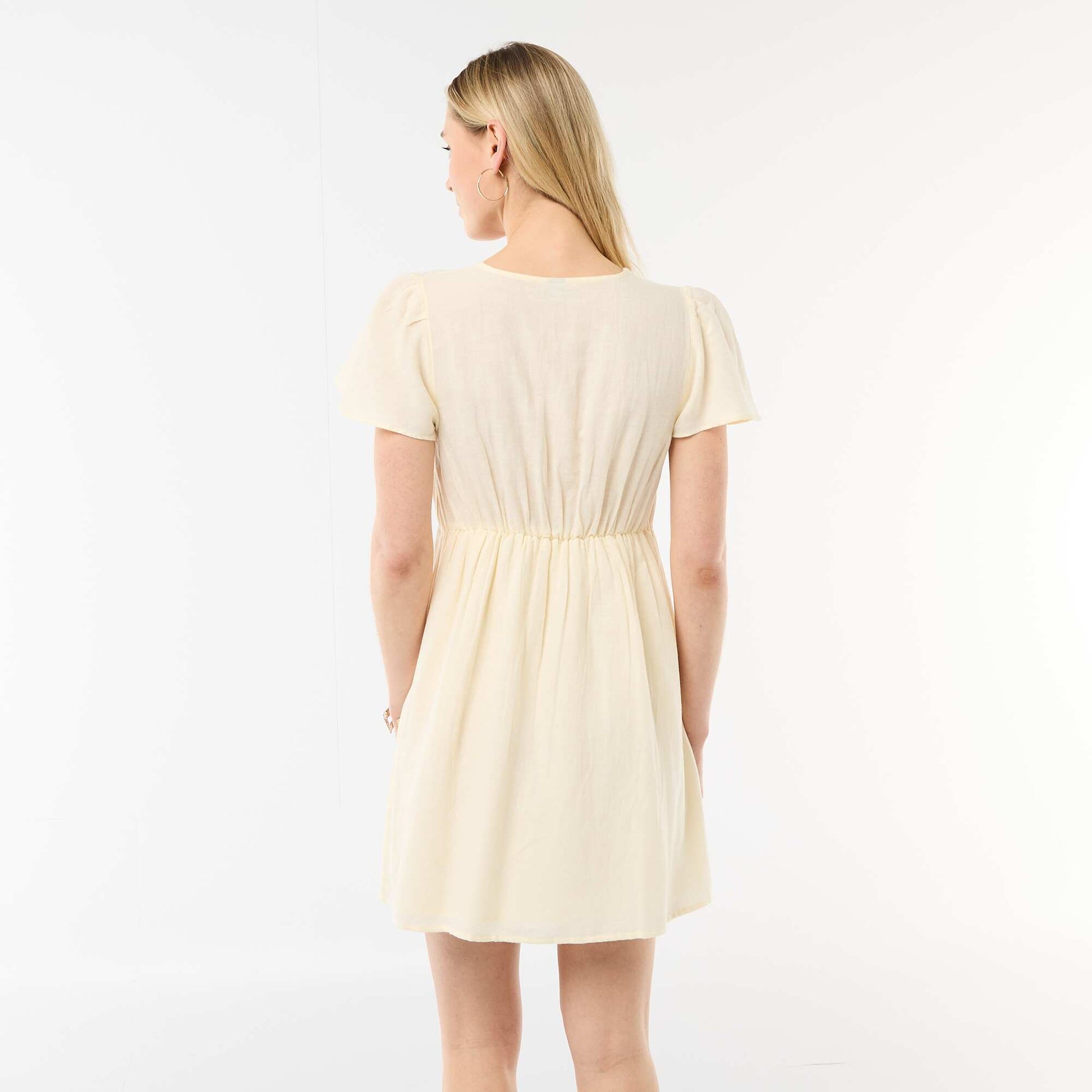 Cotton and Linen Butterfly Sleeve Short Dress YELLOW