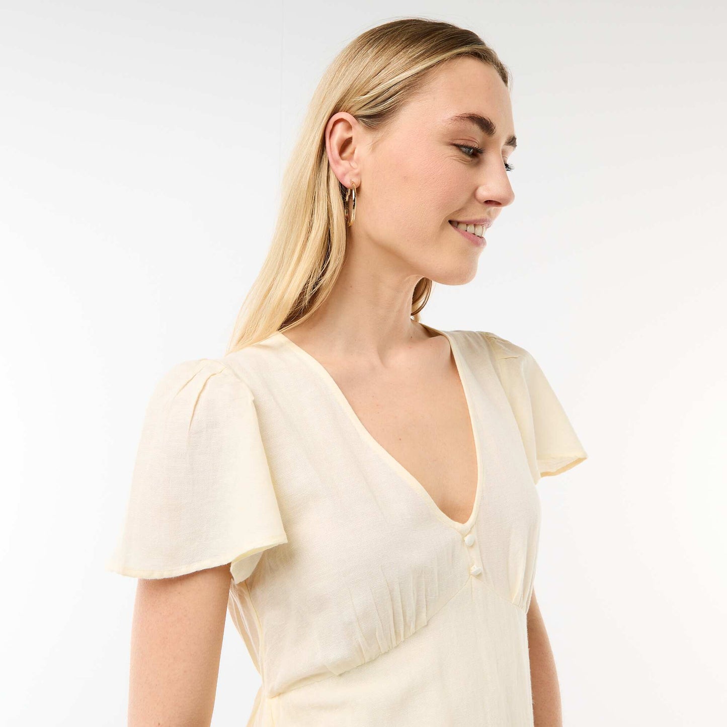 Cotton and Linen Butterfly Sleeve Short Dress YELLOW