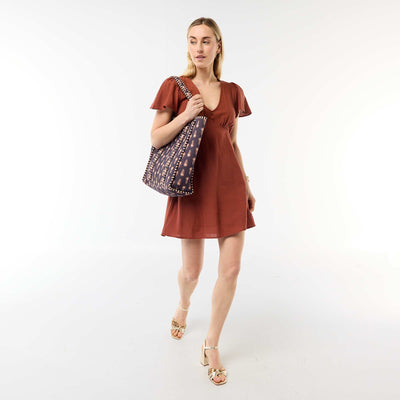 Cotton and Linen Butterfly Sleeve Short Dress BROWN