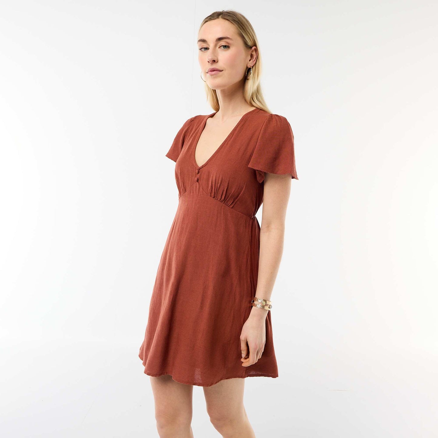 Cotton and Linen Butterfly Sleeve Short Dress BROWN