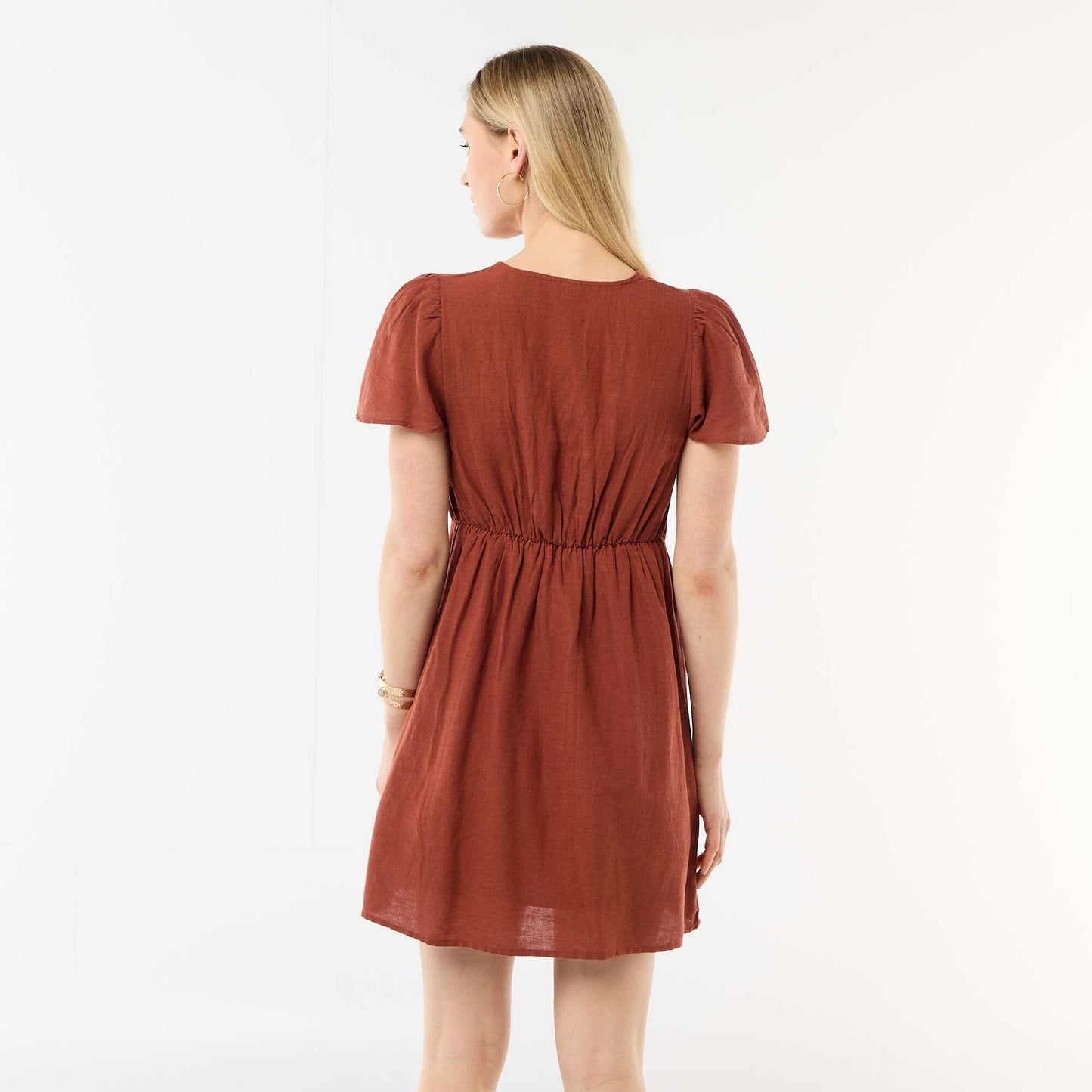 Cotton and Linen Butterfly Sleeve Short Dress BROWN