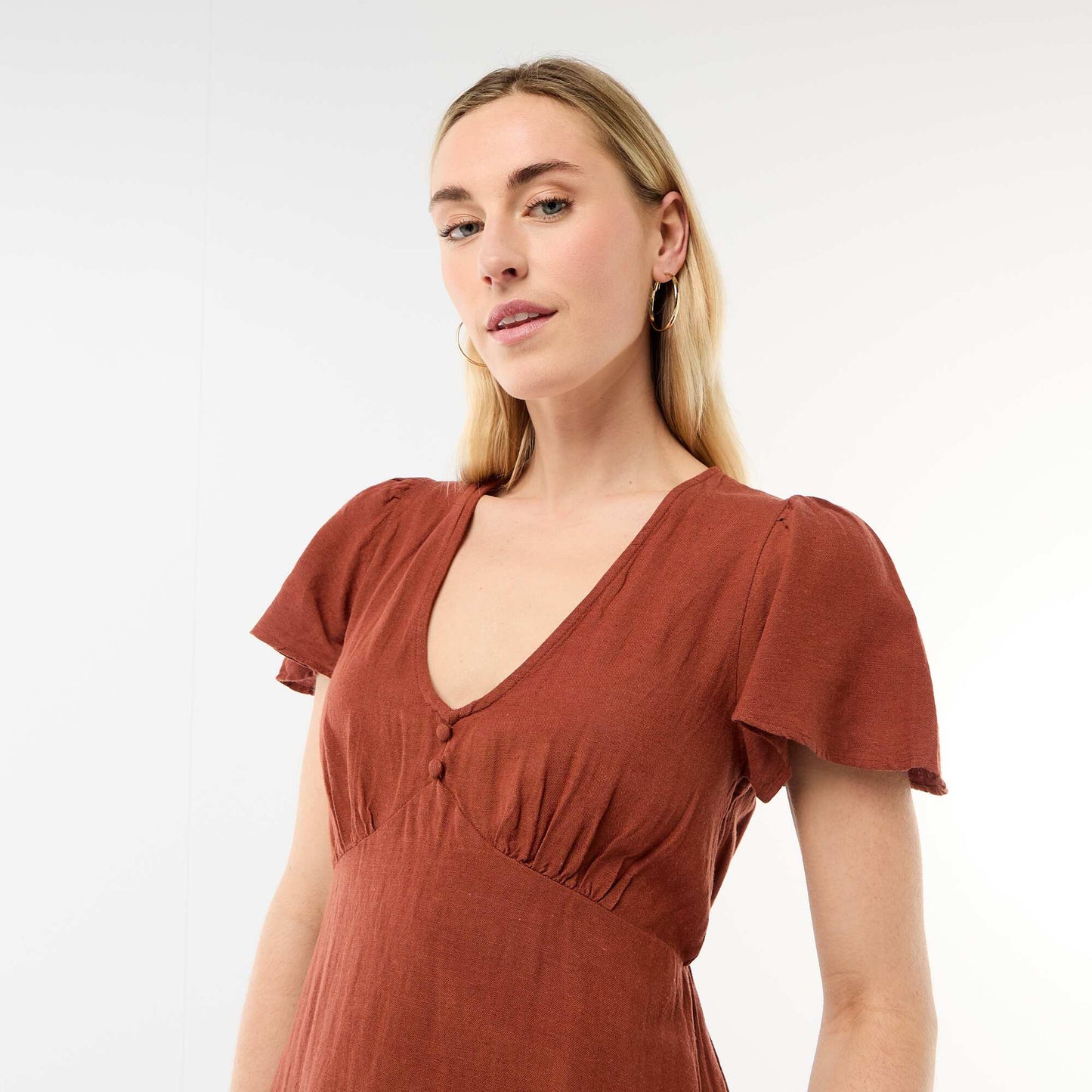 Cotton and Linen Butterfly Sleeve Short Dress BROWN