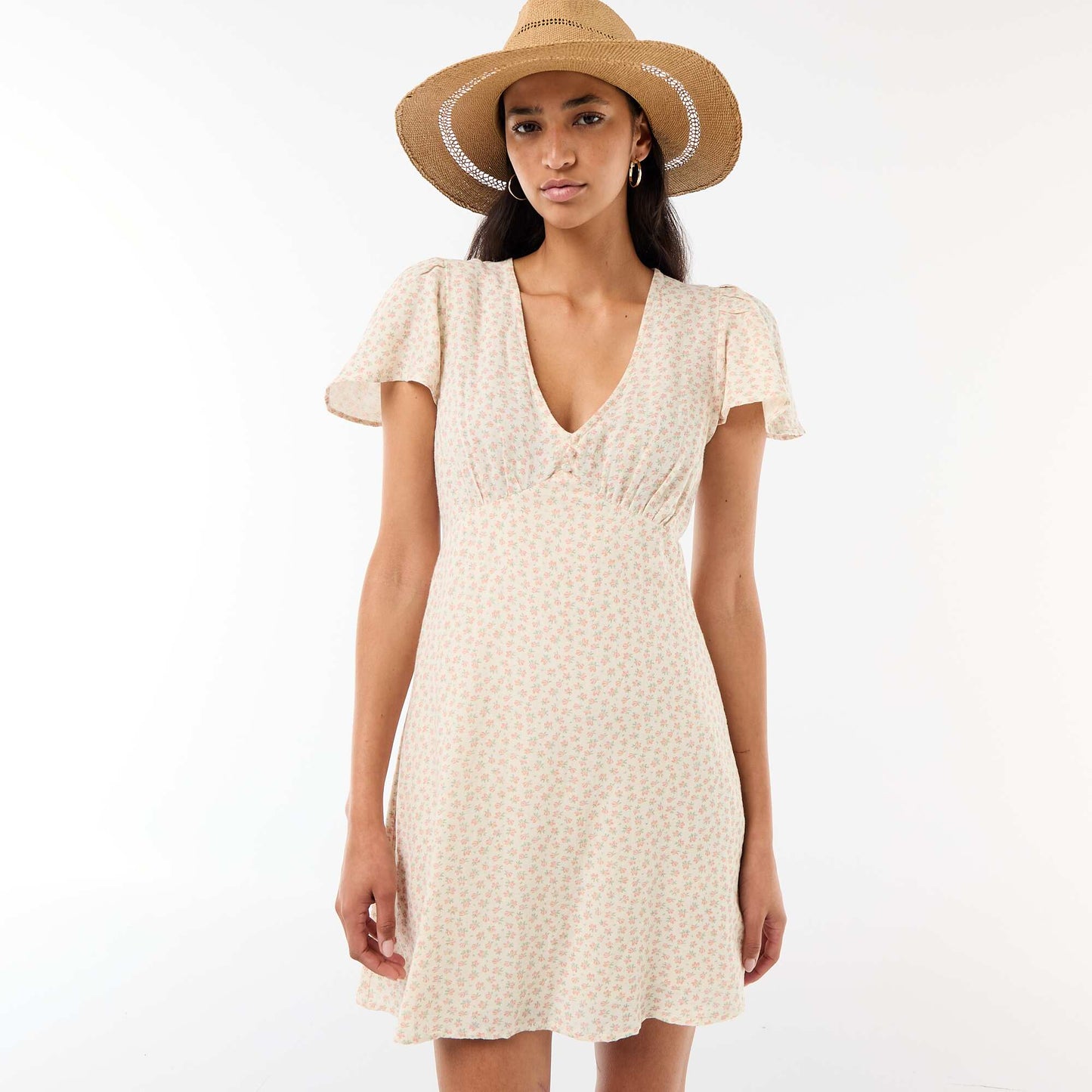 Cotton and linen short dress with butterfly sleeves WHITE