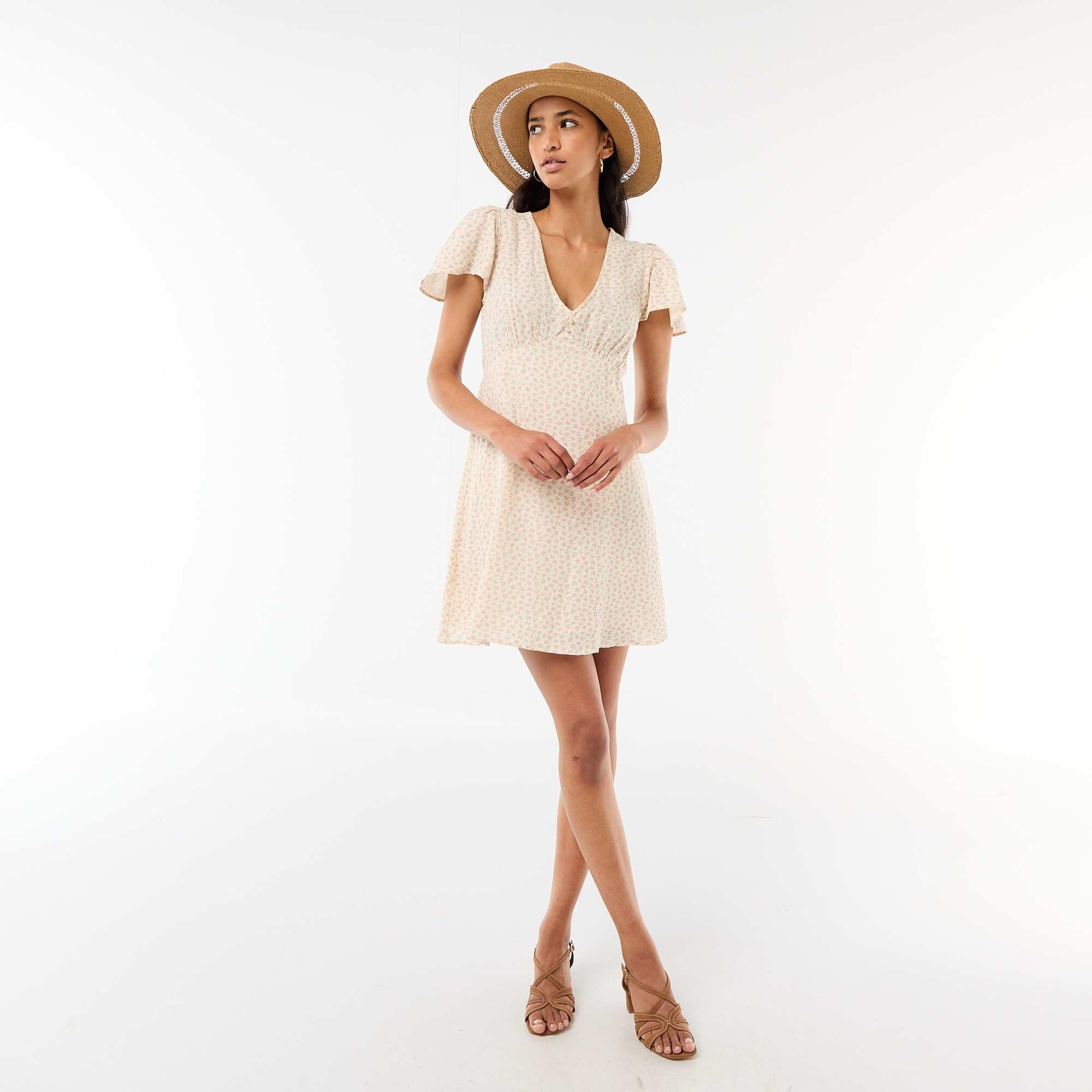 Cotton and linen short dress with butterfly sleeves WHITE