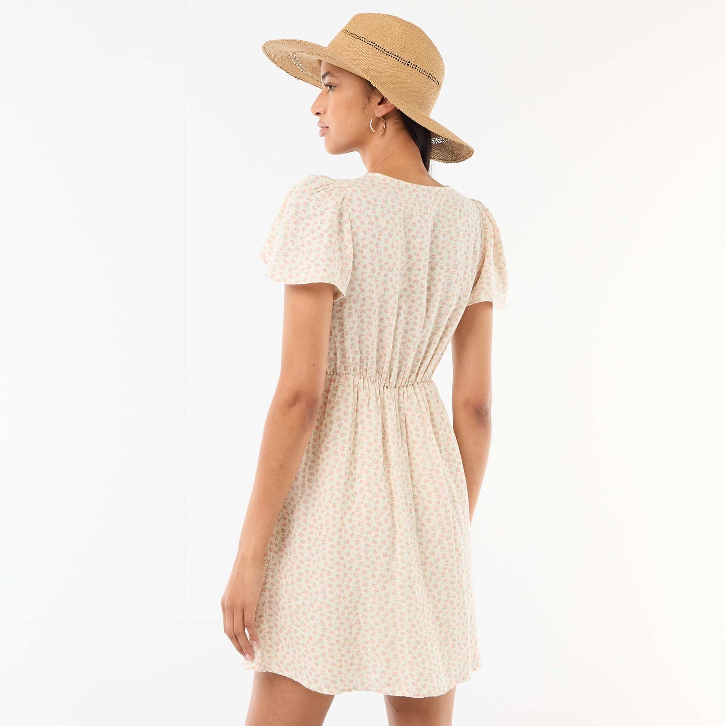 Cotton and linen short dress with butterfly sleeves WHITE