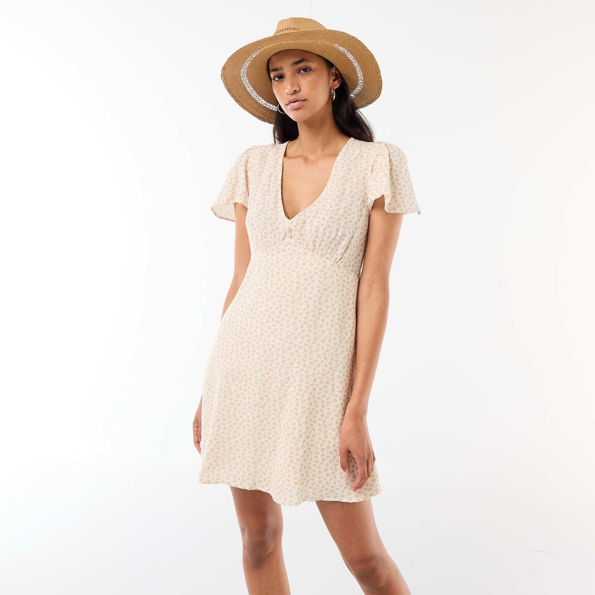 Cotton and linen short dress with butterfly sleeves WHITE