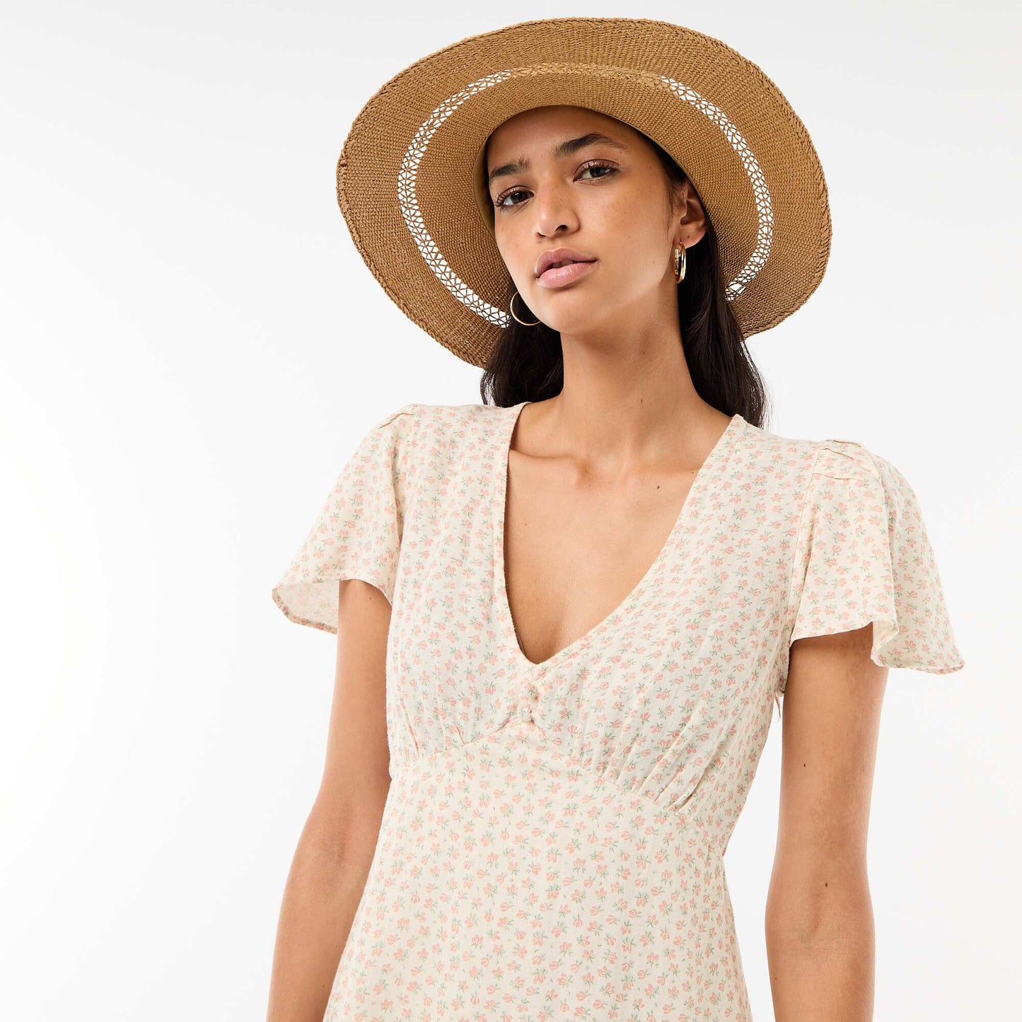 Cotton and linen short dress with butterfly sleeves WHITE