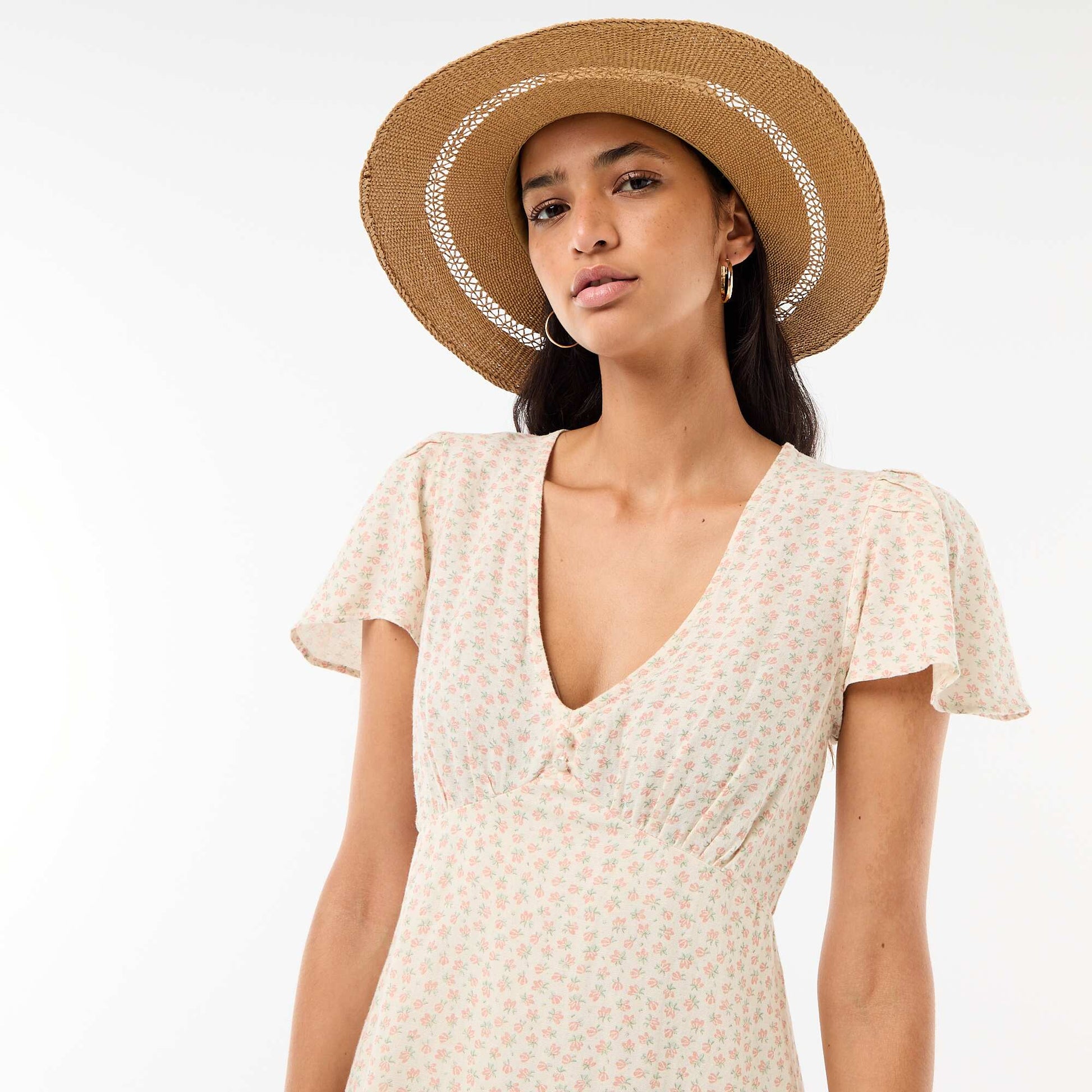 Cotton and linen short dress with butterfly sleeves WHITE