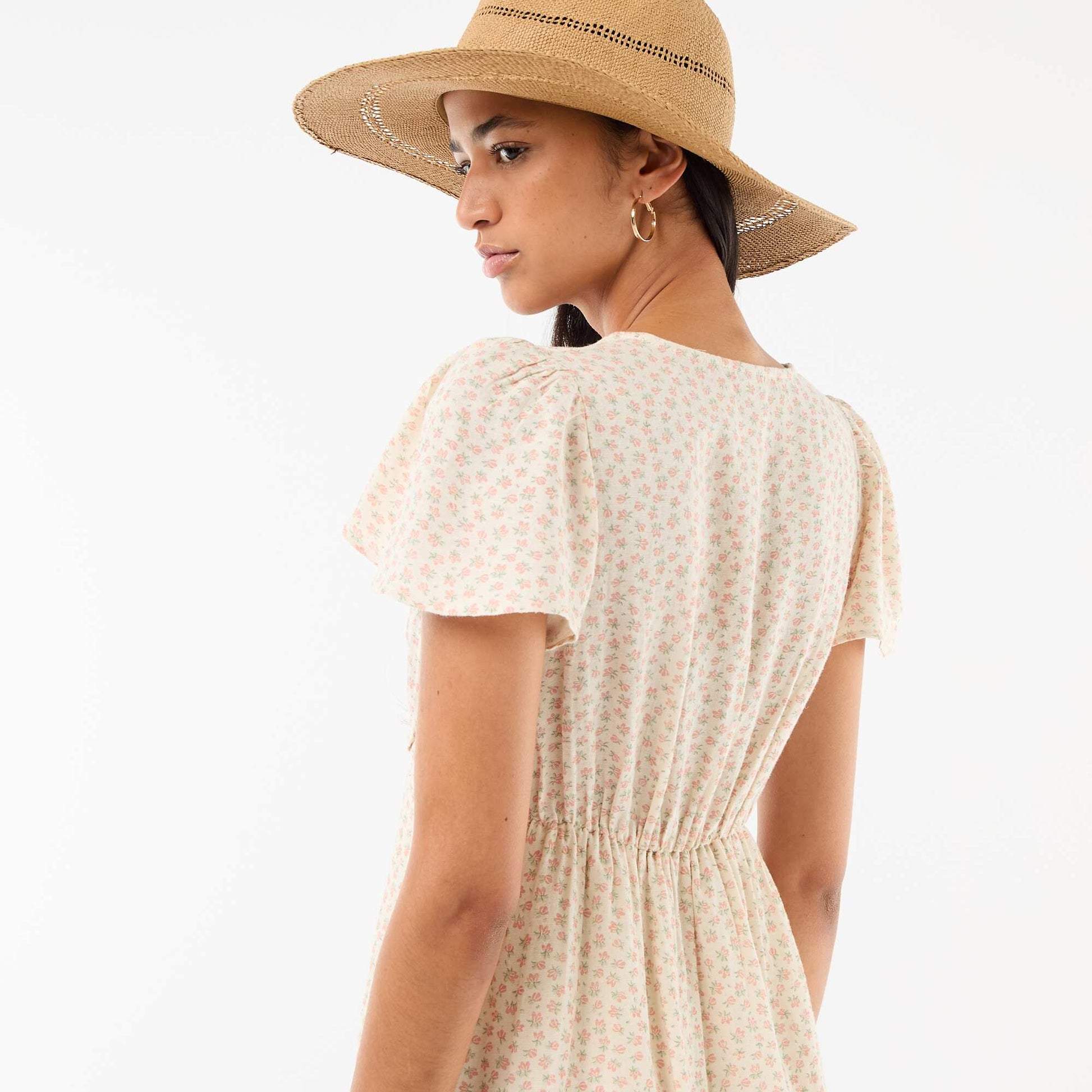 Cotton and linen short dress with butterfly sleeves WHITE