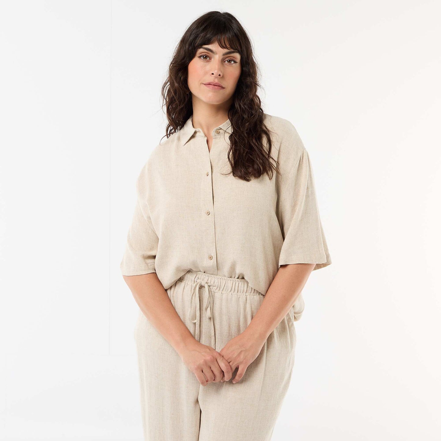 Button-Down Short-Sleeve Shirt BEIGE